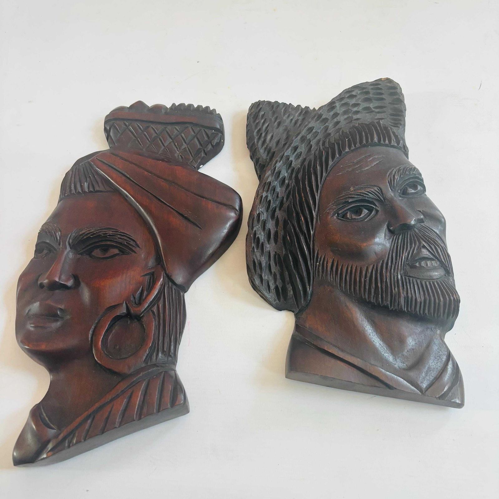 Pair Of Mid Century Brazilian Hand Carved Hardwood Wall Plaques – "Baiana" & Male Figure Afro Brazil photo for sale
