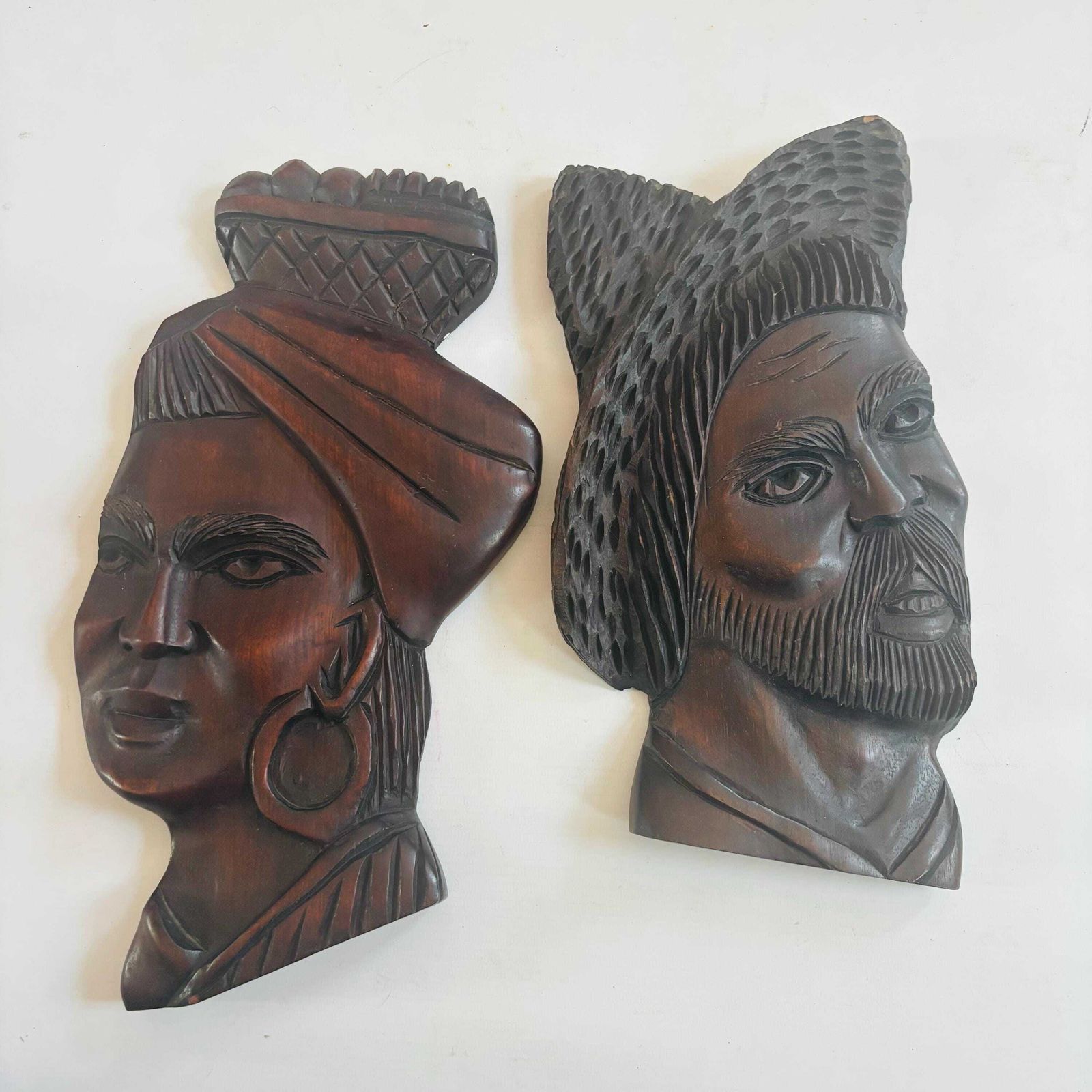 Pair Of Mid Century Brazilian Hand Carved Hardwood Wall Plaques – "Baiana" & Male Figure Afro Brazil photo vinterior
