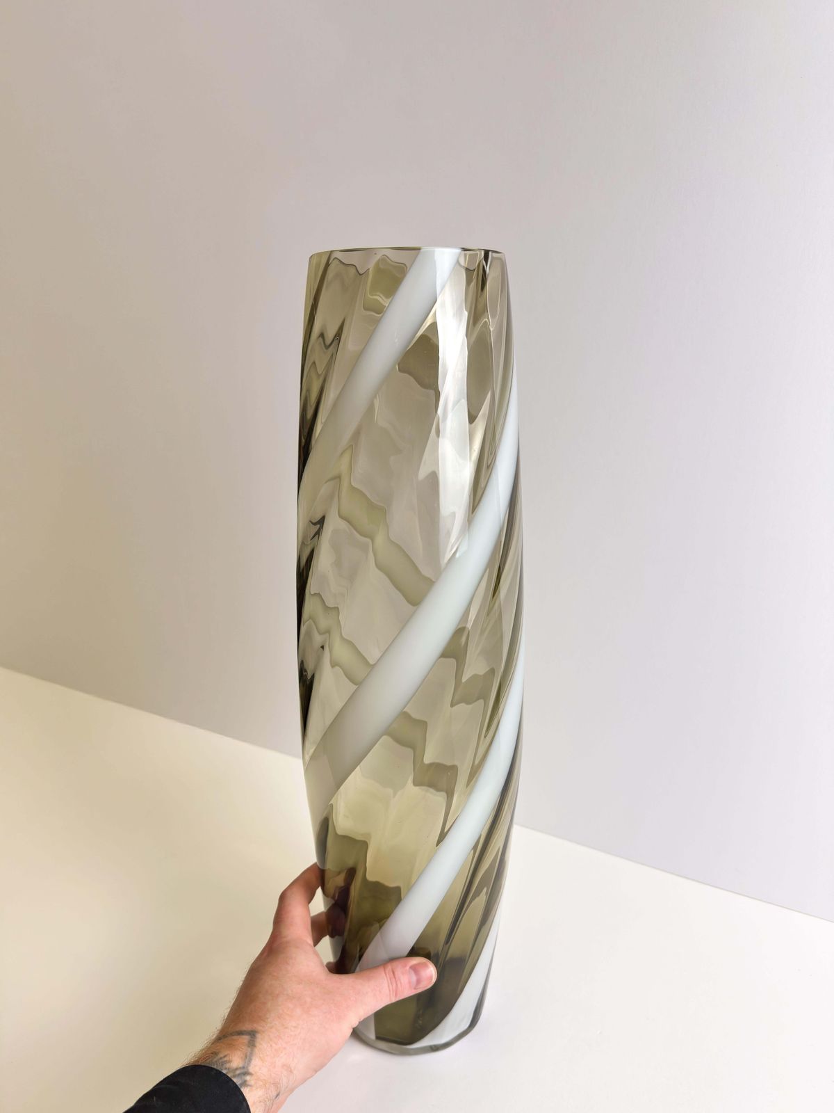 Tall Glass Floor Vase, Striped Design, Mid Century Italian 1960s photo 450.0