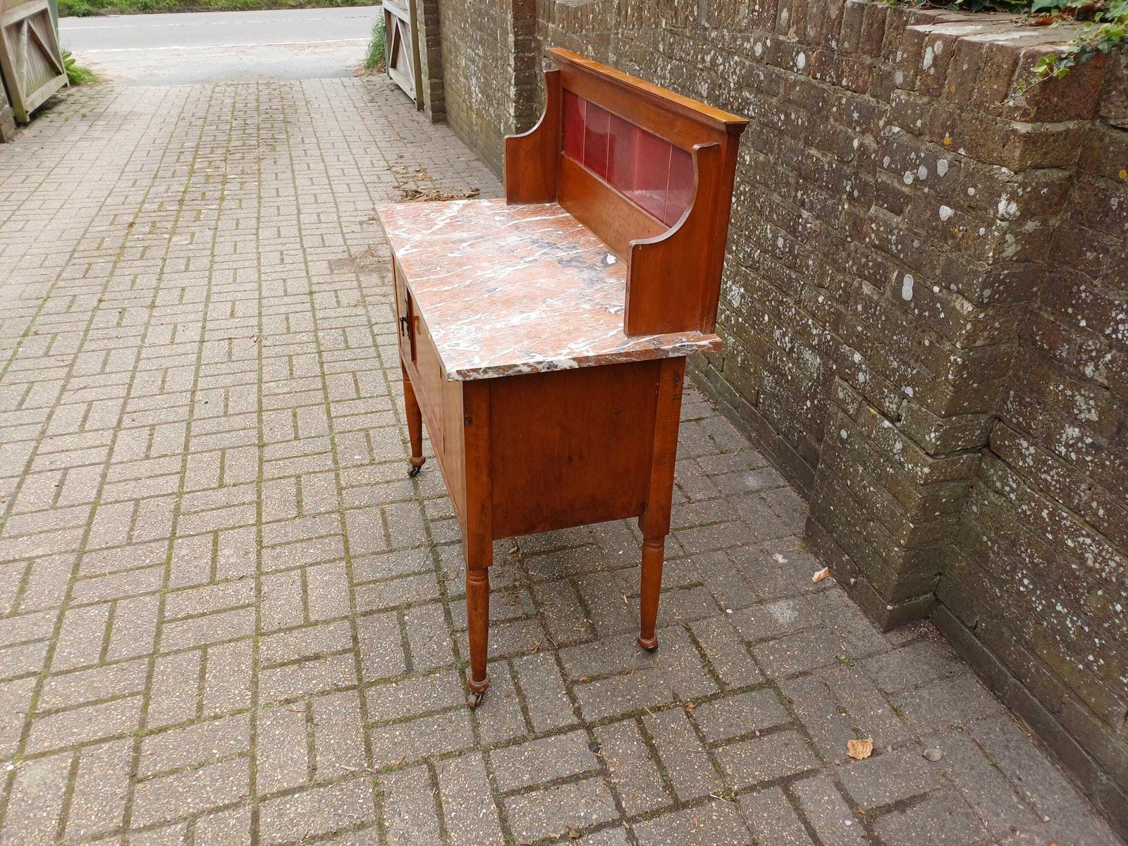 photo furniture Early 20th Century Satinwood Washstand Marble Top Tile Back Antique Bedroom Cabinet On Casters Original Finish Edwardian Free Hand Delivery
