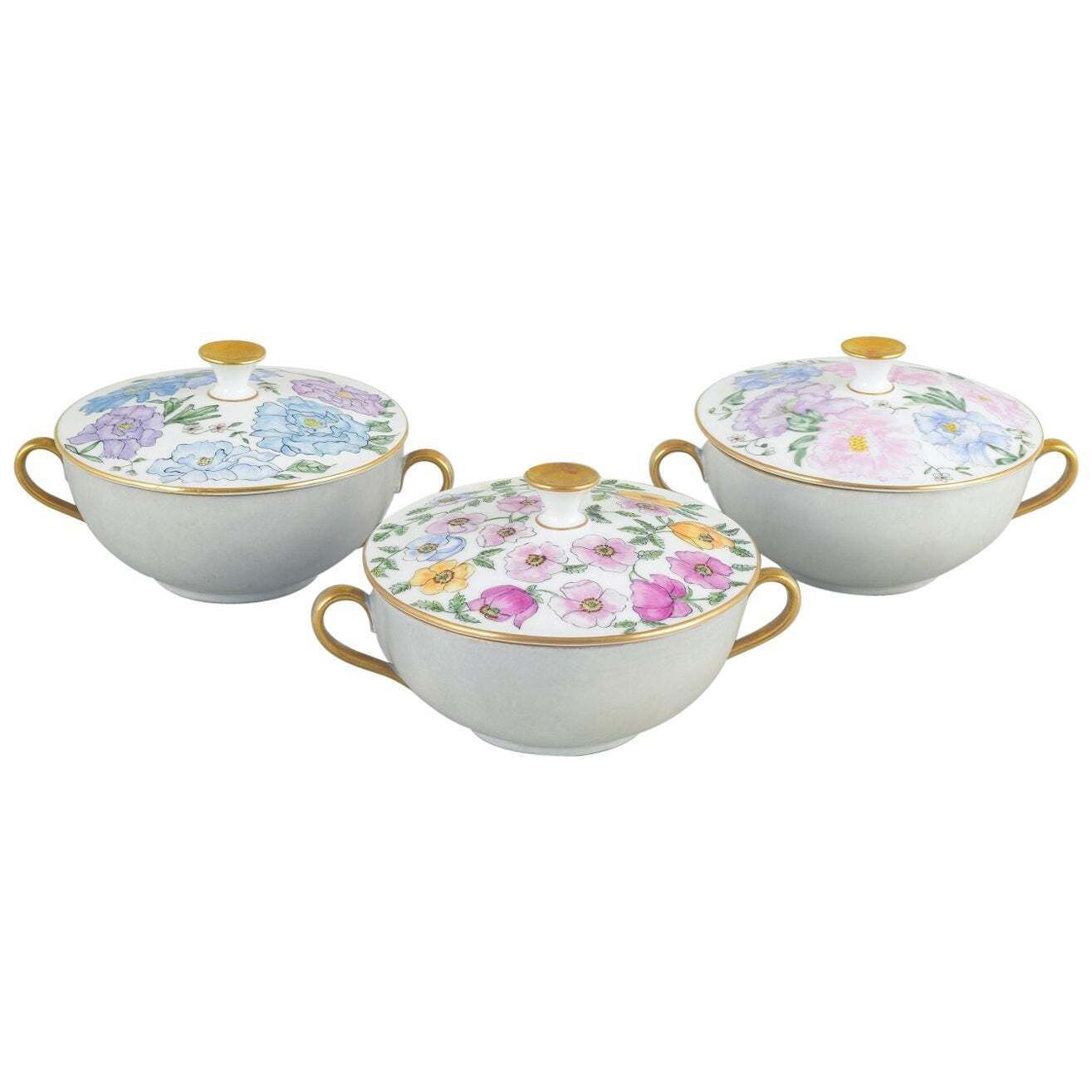Bing & Grøndahl. 3 tasses à bouillon en porcelaine avec couvercles. Motifs floraux.