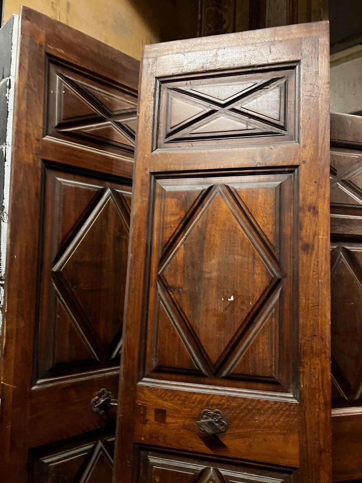 Set Of No. 2 Carved Walnut Double Doors With Lozenges, Italy photo vintage