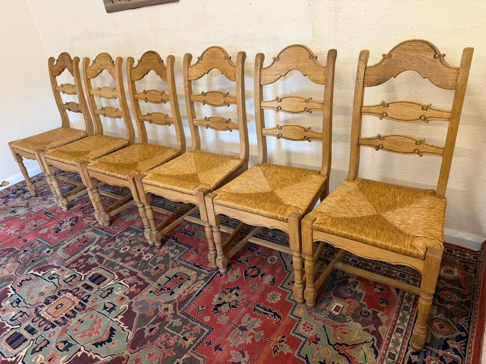 Set Of Six French Farmhouse Raw Oak Dining Chairs Circa 1930 photo Furniture