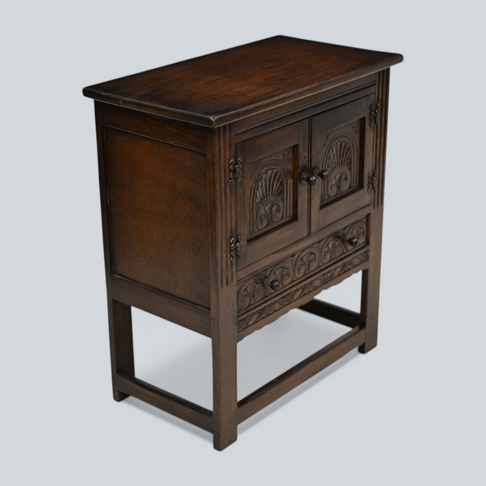 Vintage Oak Pedestal Cupboard Carved Narrow Drawer Double Doors Free Uk Delivery photo vintage