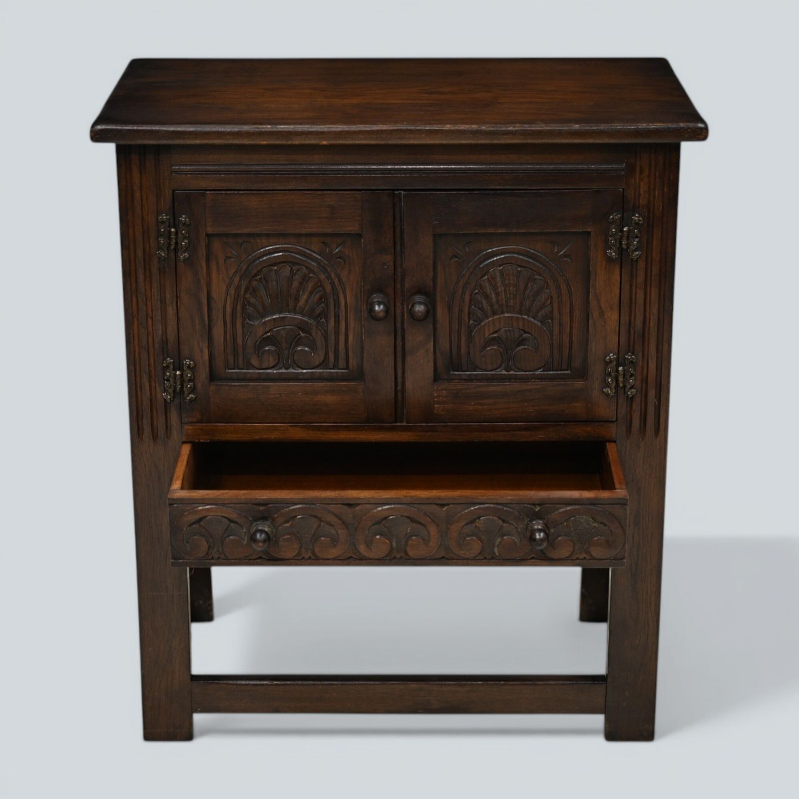 Furniture Vintage Oak Pedestal Cupboard Carved Narrow Drawer Double Doors Free Uk Delivery photo