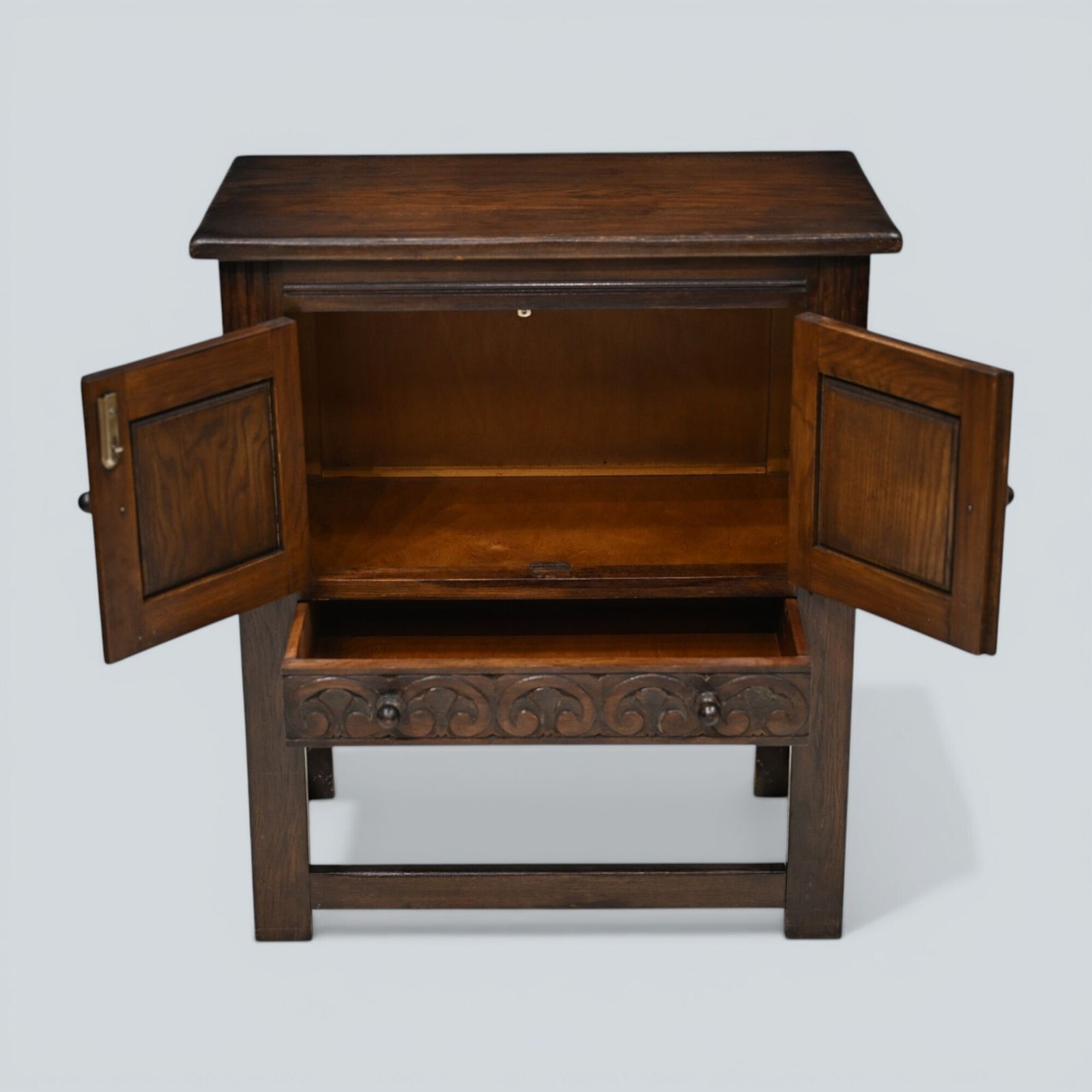 347.0 Vintage Oak Pedestal Cupboard Carved Narrow Drawer Double Doors Free Uk Delivery photo