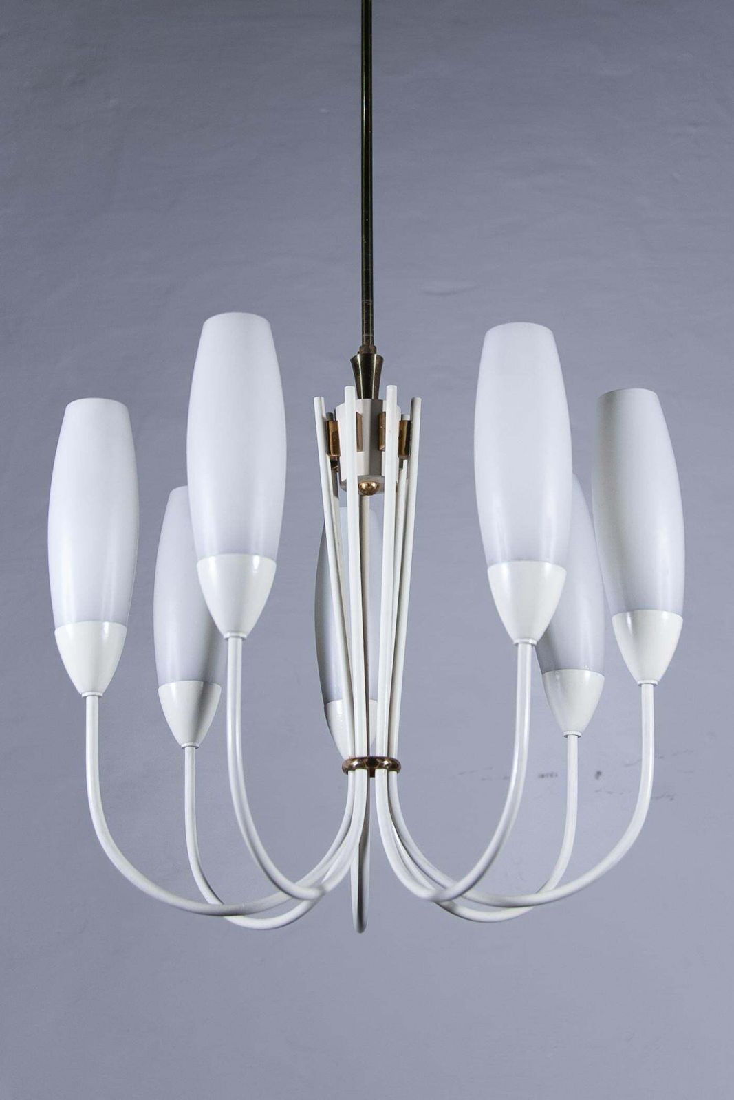 Fifties Six Opaline Glass Shades Chandelier. photo vinterior