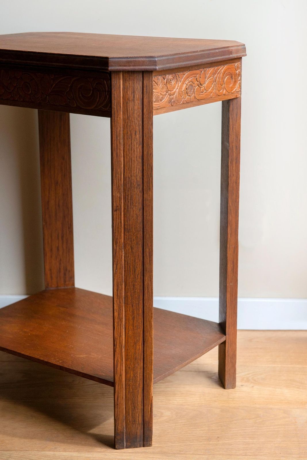 Art Deco Oak Side Table With Drawer – Carved Wooden Accent Table – Antique French Furniture photo vintage
