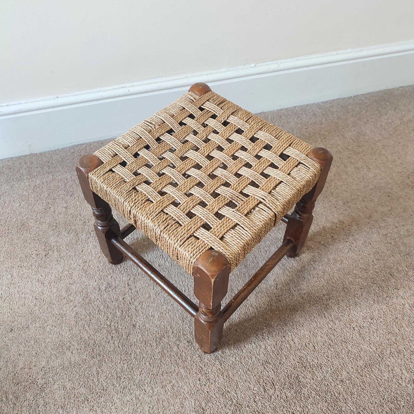 Vintage Rush Stool, Low Oak Footstool, Woven Seat, Rustic French Farmhouse, Country Cottage Decor