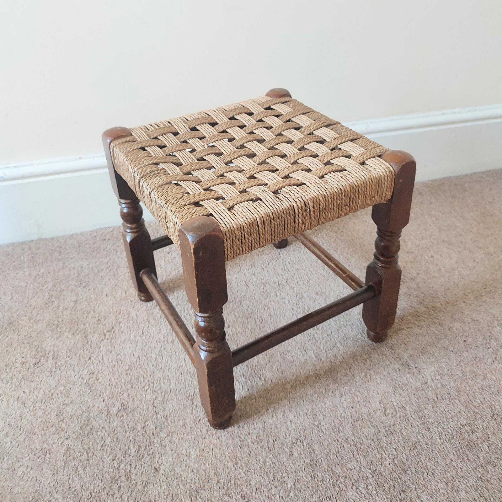 Vintage Rush Stool, Low Oak Footstool, Woven Seat, Rustic French Farmhouse, Country Cottage Decor photo for sale