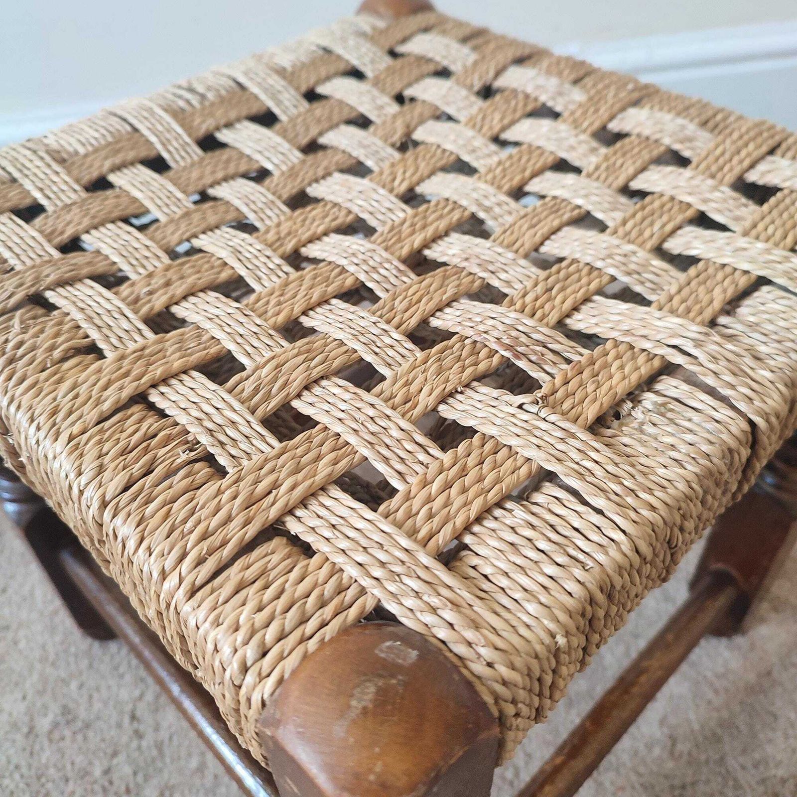 Vintage Rush Stool, Low Oak Footstool, Woven Seat, Rustic French Farmhouse, Country Cottage Decor photo 100.0