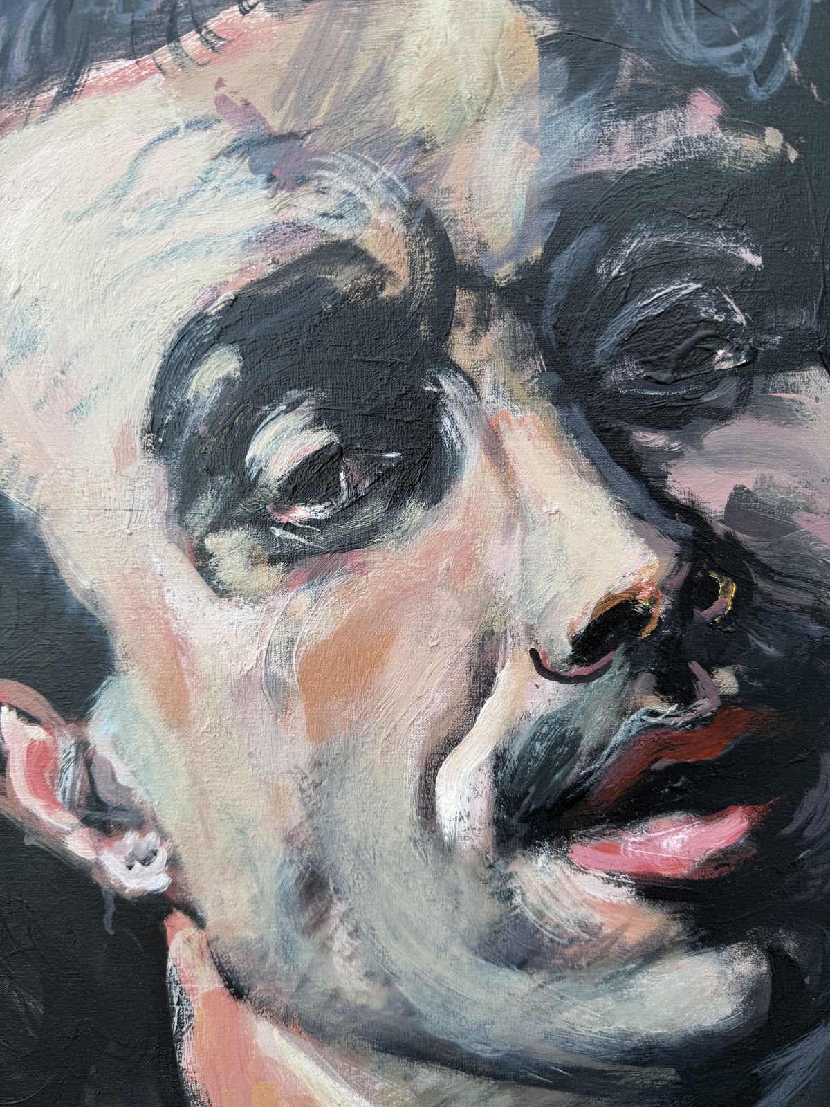 Expressionist Male Portrait With Upturned Face Oil Canvas Painting European Art 2002 photo vinterior