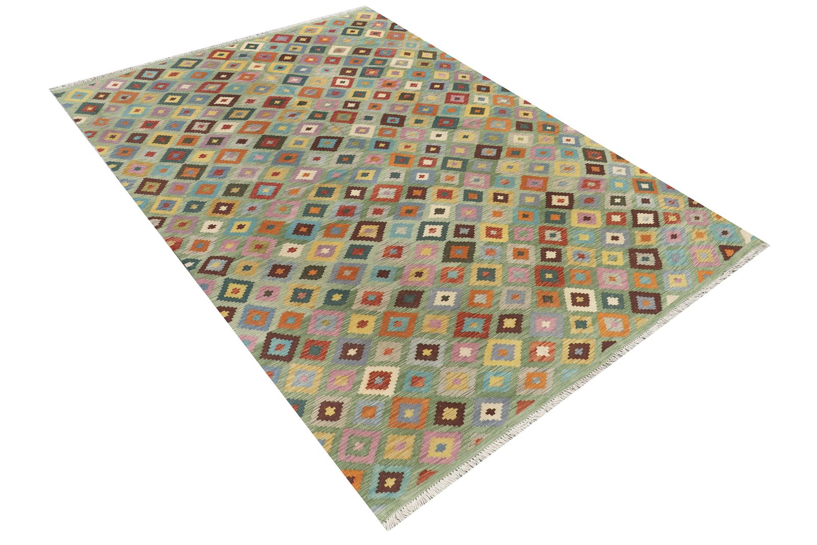 7x10 Green Geometric Kilim Flatweave Large Area Rug photo furniture