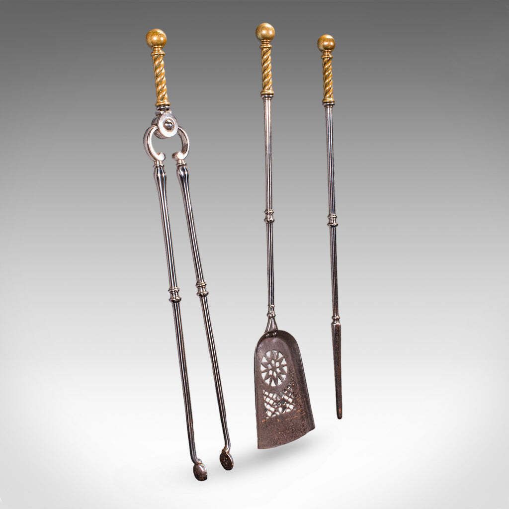 Antique Companion Set, Three Fireside Tools, English, Steel, Brass, Victorian