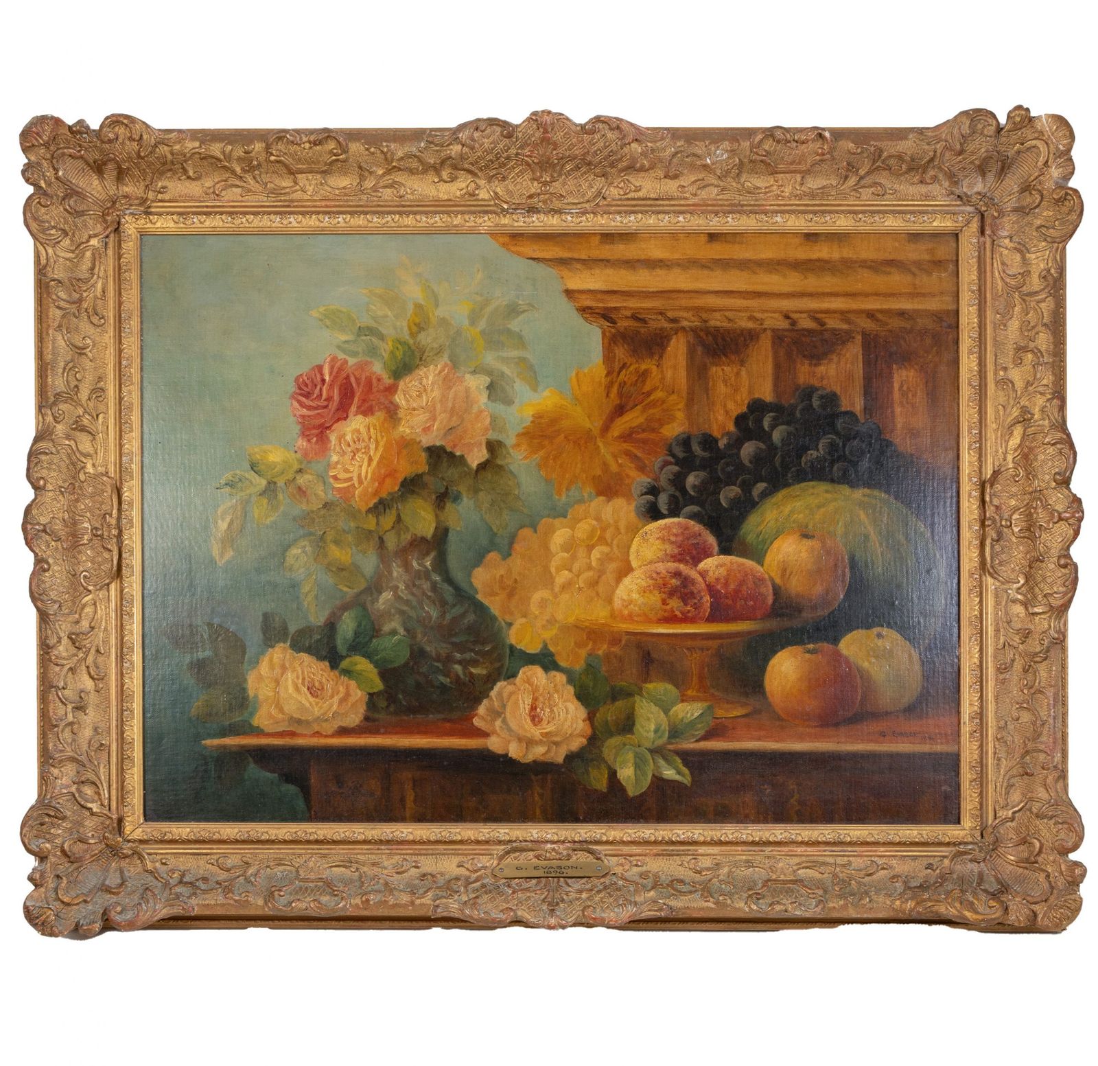 Still Life With Roses And Fruit, 17 Century Style Oil On Canvas, Dated 1896.