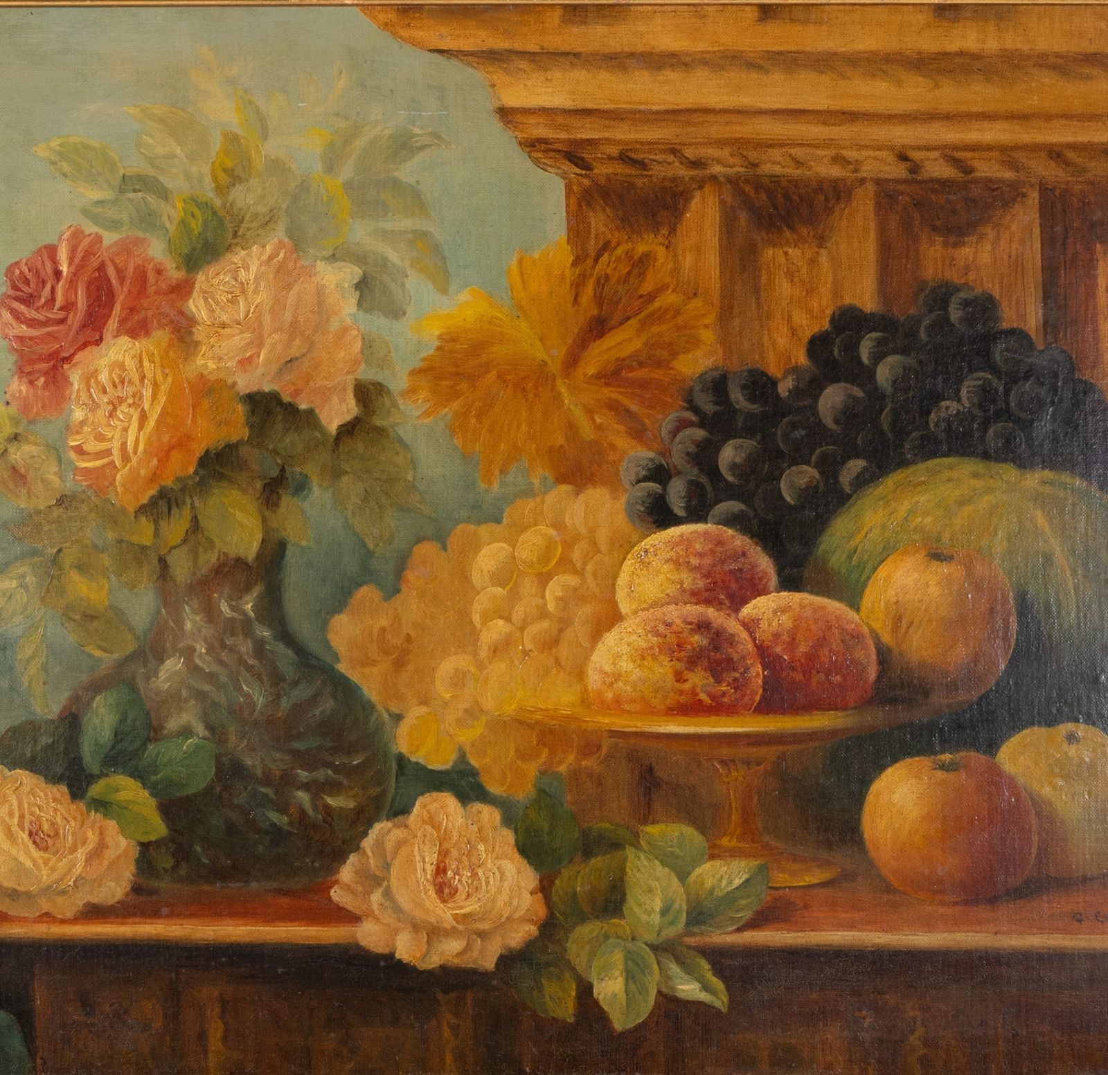 Still Life With Roses And Fruit, 17 Century Style Oil On Canvas, Dated 1896. photo for sale