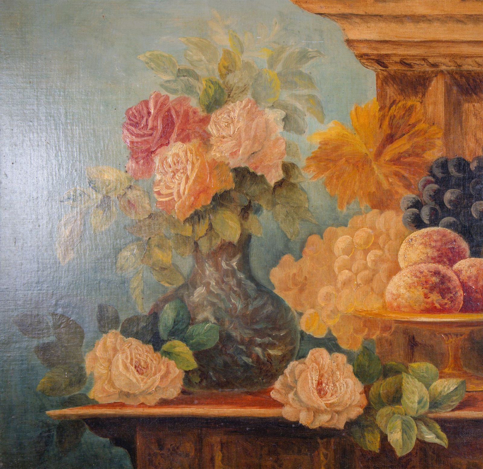 photo furniture Still Life With Roses And Fruit, 17 Century Style Oil On Canvas, Dated 1896.