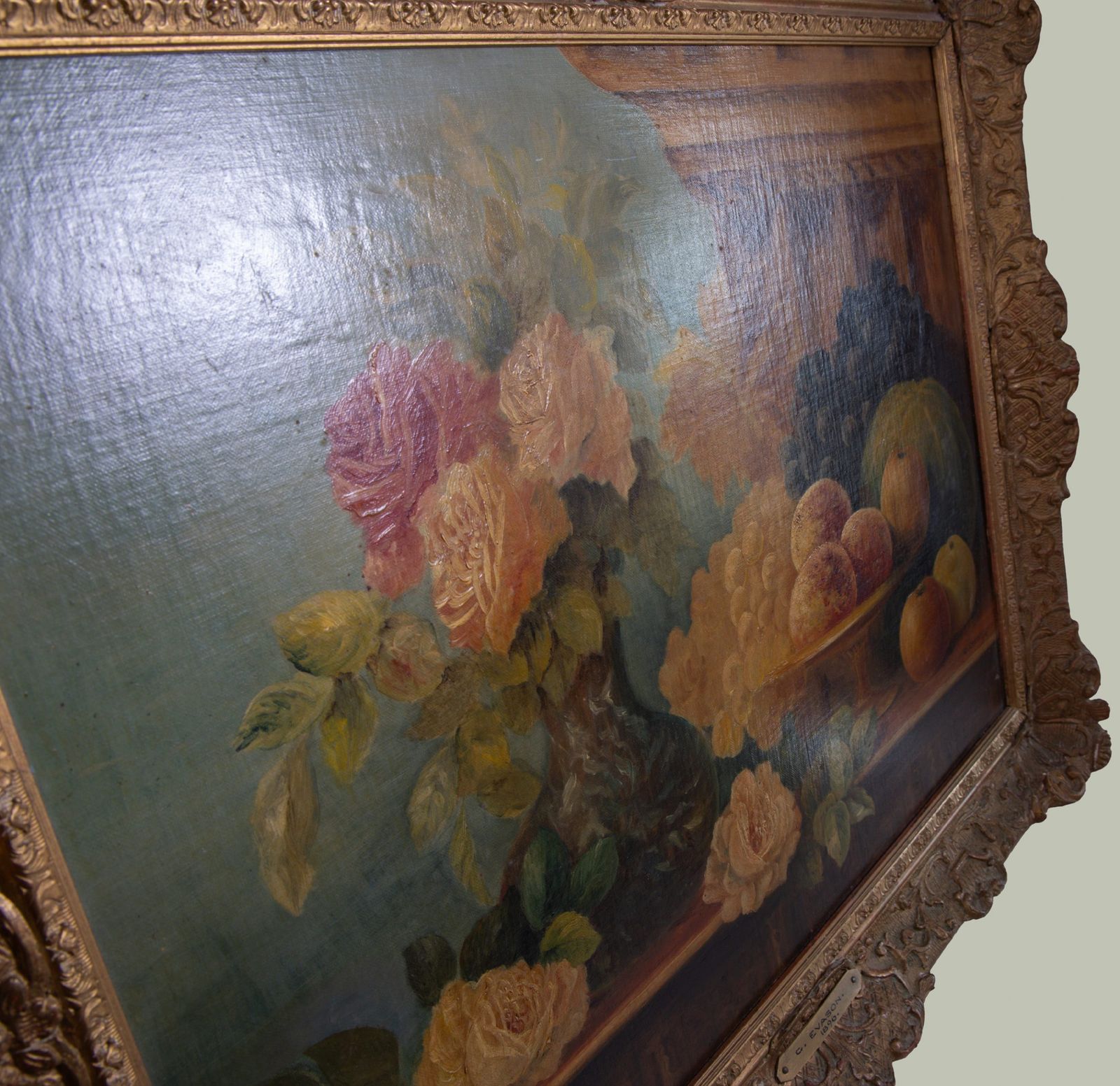 2049.0 Still Life With Roses And Fruit, 17 Century Style Oil On Canvas, Dated 1896. photo