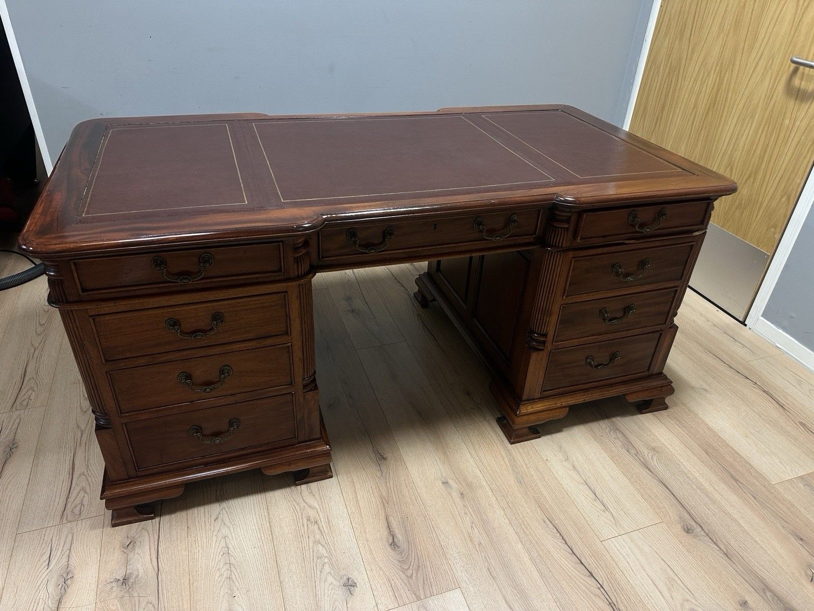Impressive Antique Captains Bankers Desk Red Leather Twin Pedestal Partners #68 photo furniture