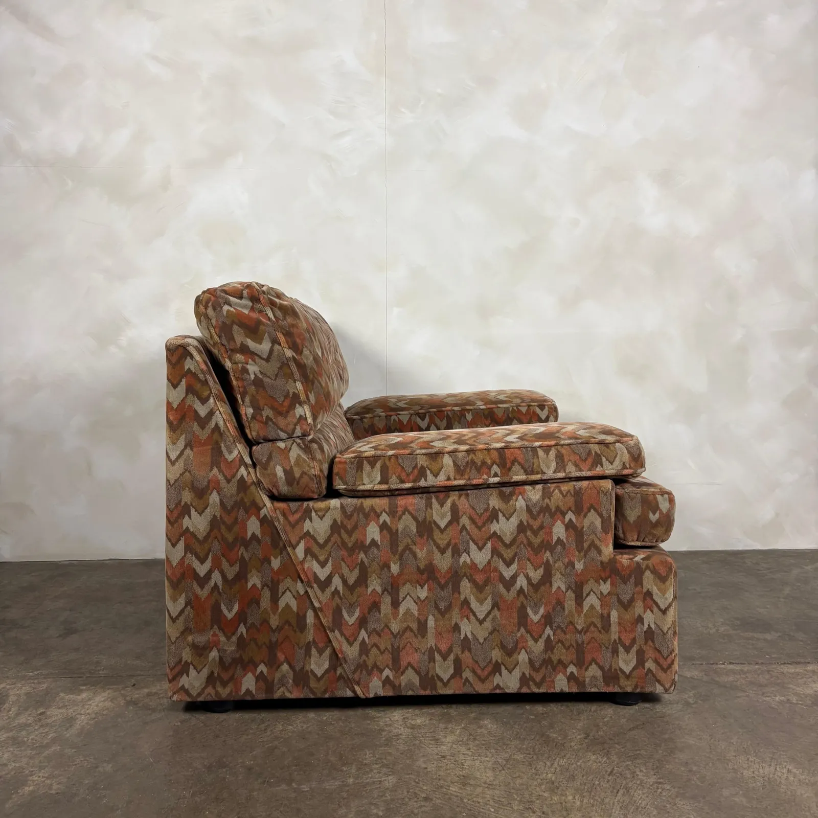 1980s Armchair & Footstool Geometric Patterned Post Modern Mid Century Retro Mcm photo furniture