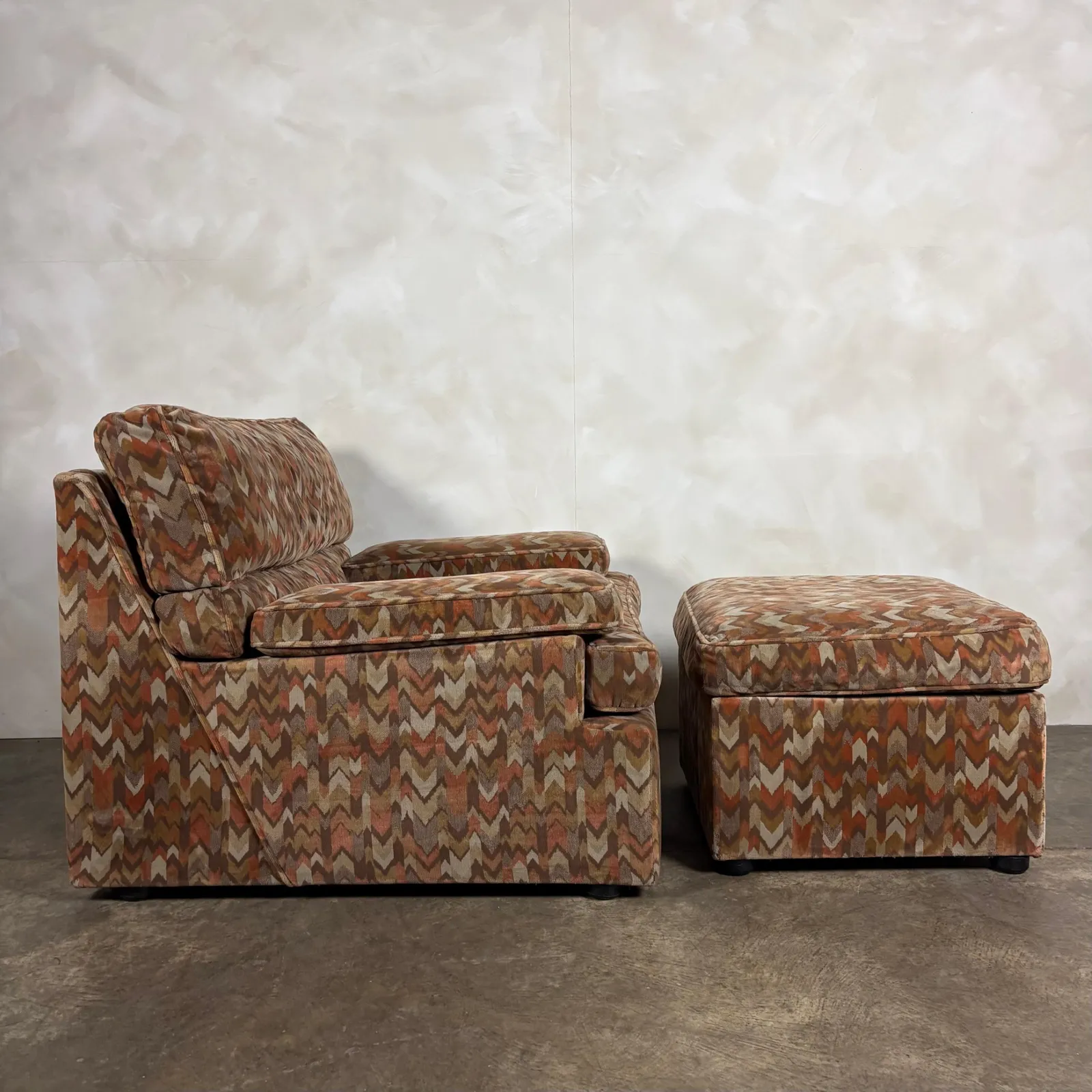1980s Armchair & Footstool Geometric Patterned Post Modern Mid Century Retro Mcm photo Furniture