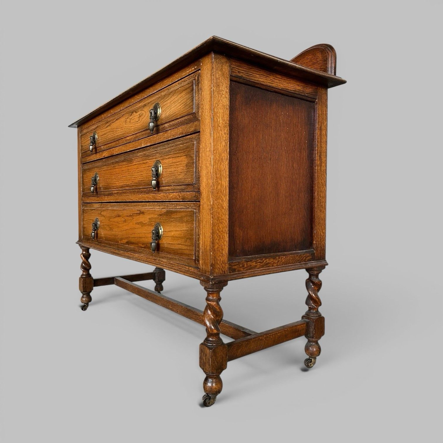 Ed Wardian Oak Three Drawer Chest On Barley Twist Legs photo for sale
