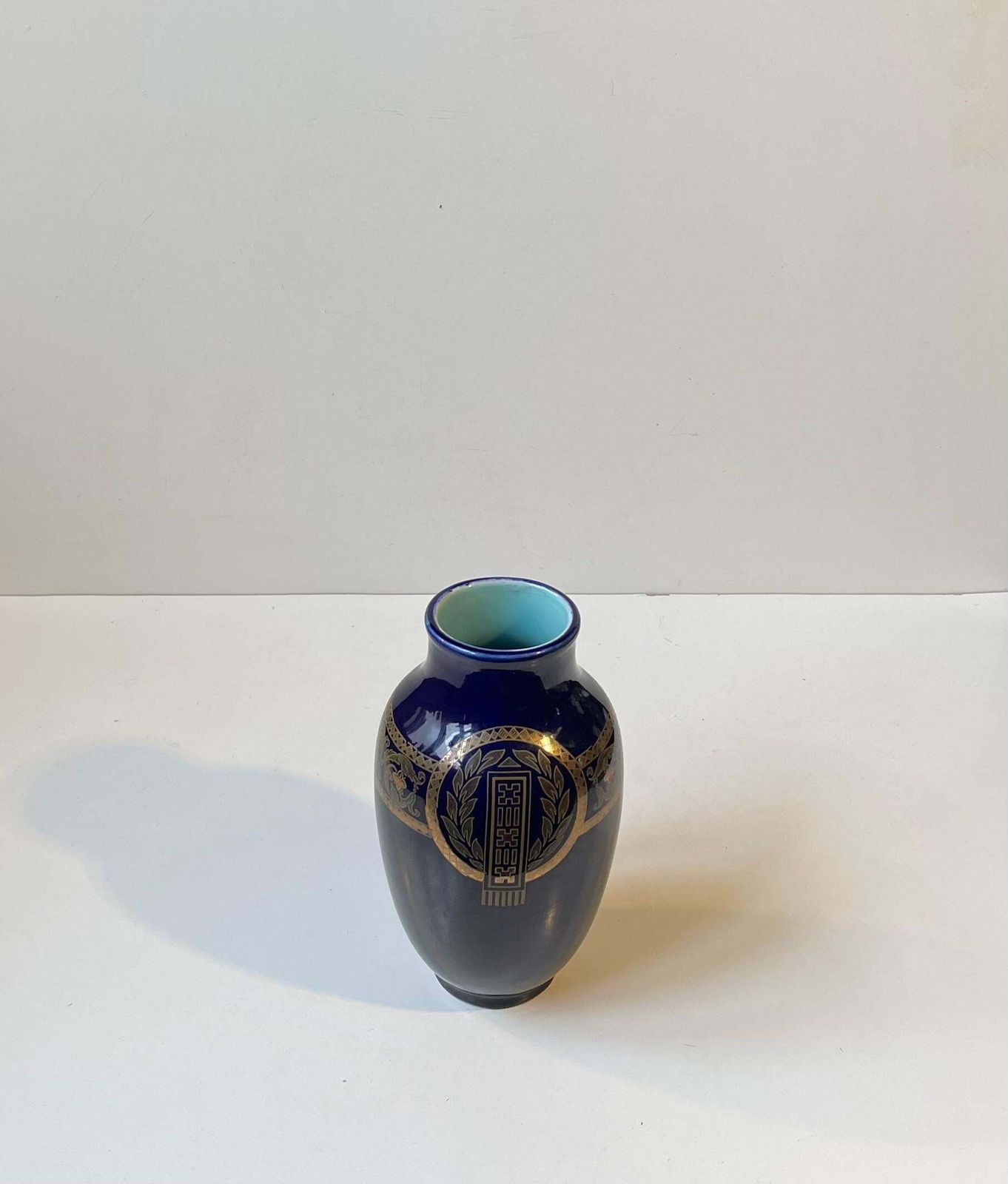 French Neo Classical Cobalt Blue Majolica Vase By Sarreguemines, 1920s photo for sale