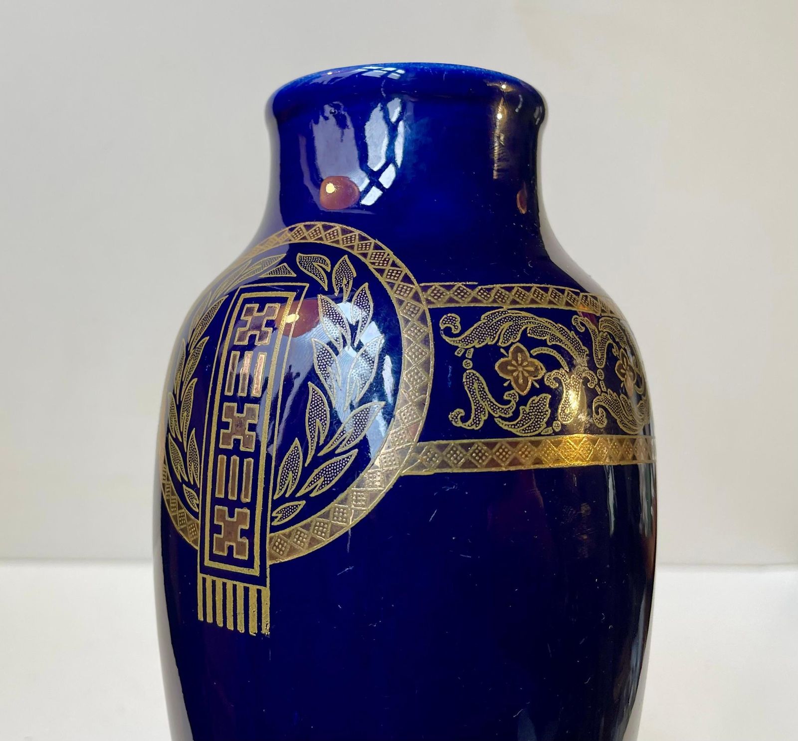 French Neo Classical Cobalt Blue Majolica Vase By Sarreguemines, 1920s photo Home Decor
