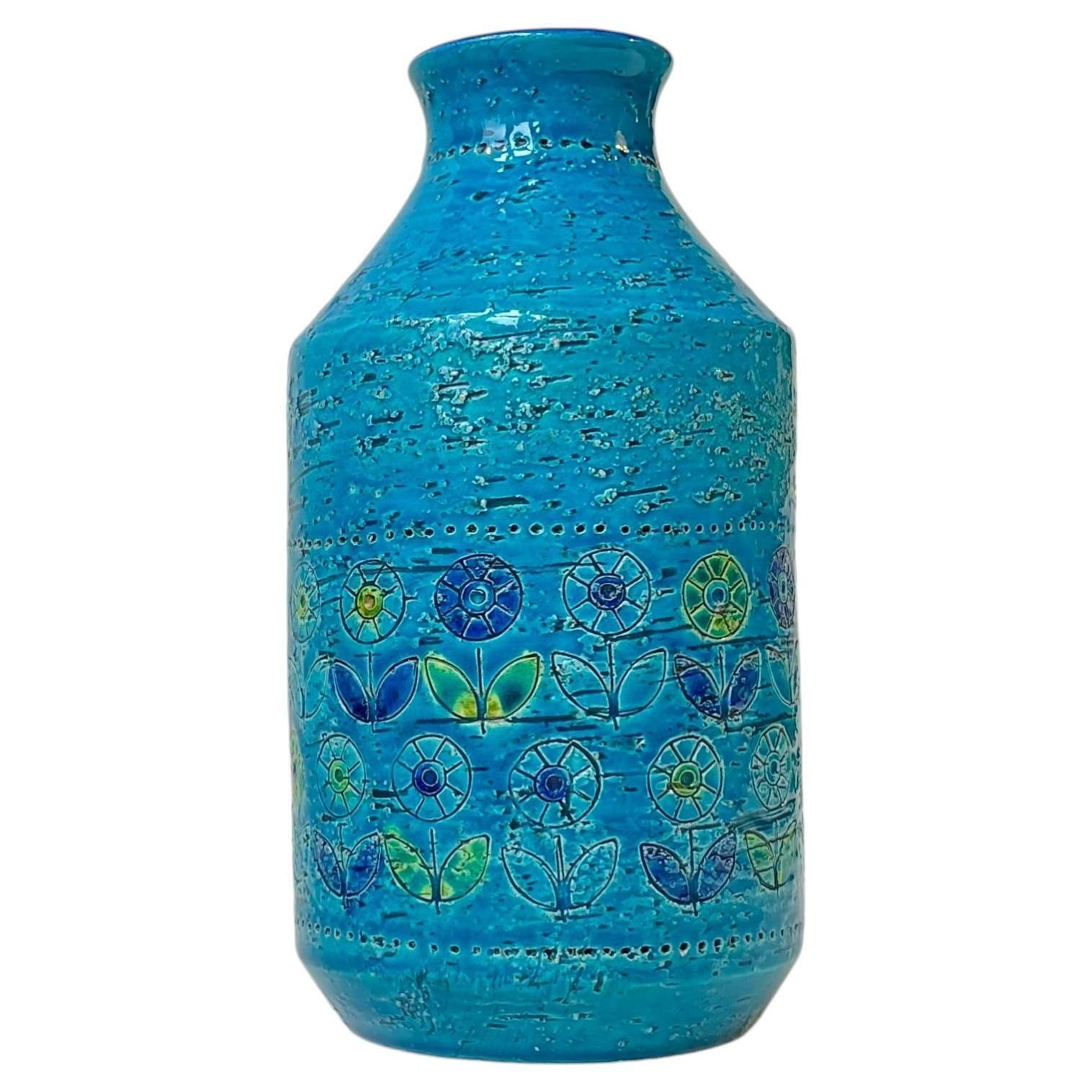Italian Modern Turquoise Stoneware Vase W.Sunflowers By Aldo Londi For Bitossi