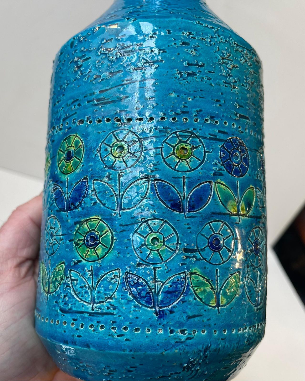 Italian Modern Turquoise Stoneware Vase W.Sunflowers By Aldo Londi For Bitossi photo for sale