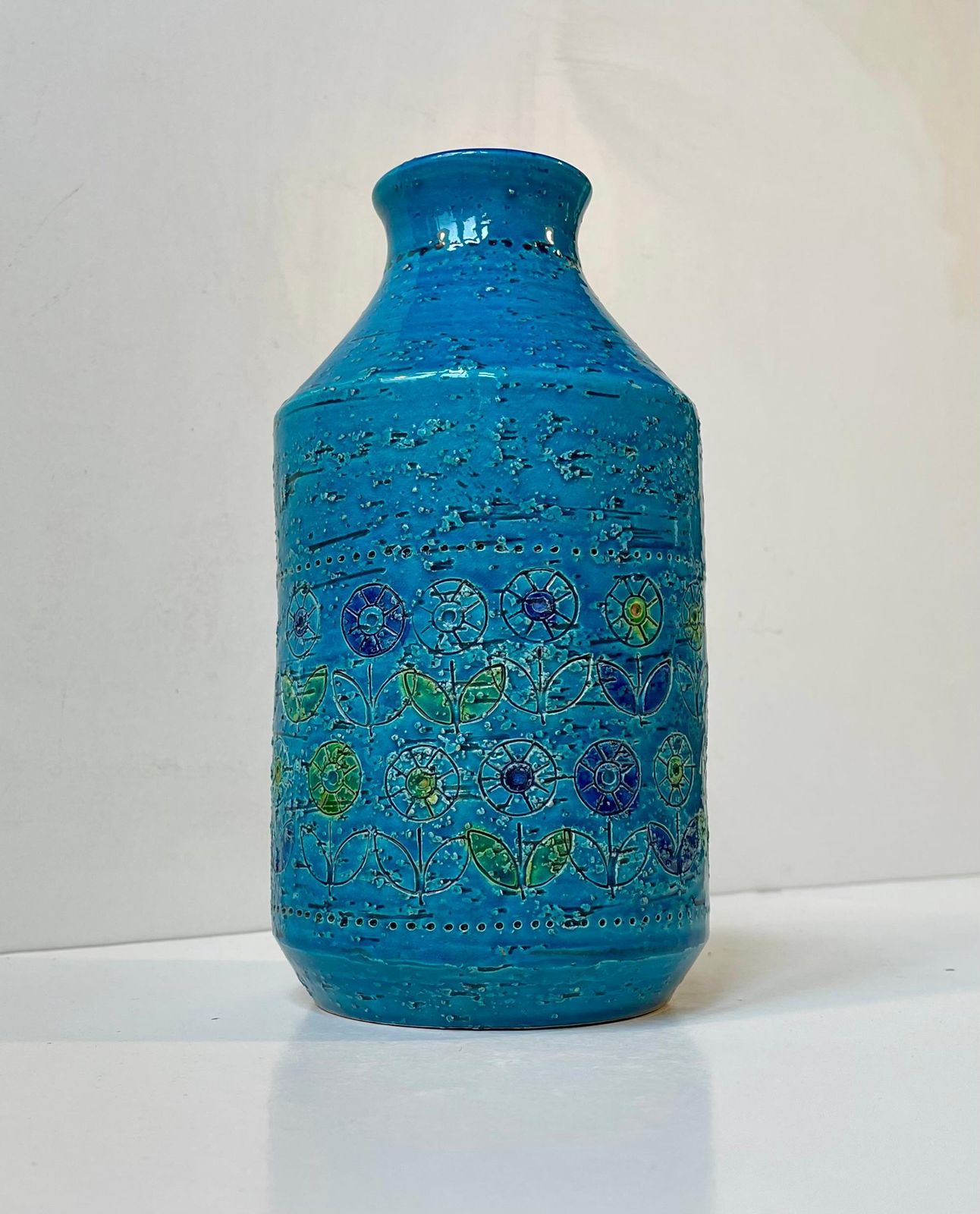 Italian Modern Turquoise Stoneware Vase W.Sunflowers By Aldo Londi For Bitossi photo buy