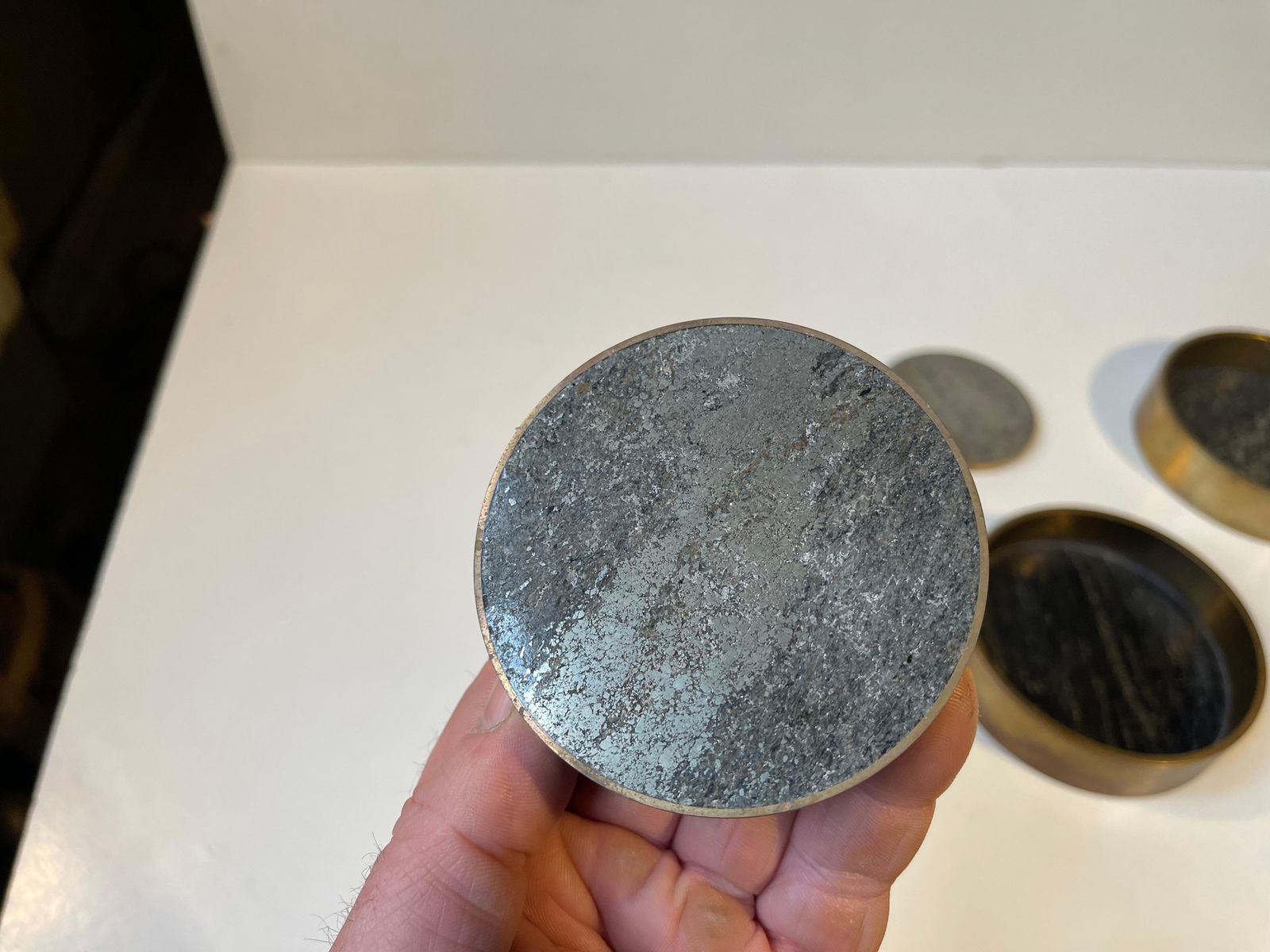 Mid Century Natural Stone And Brass Wine & Drink Coasters By Saulo Norway, 1960s photo Home Decor