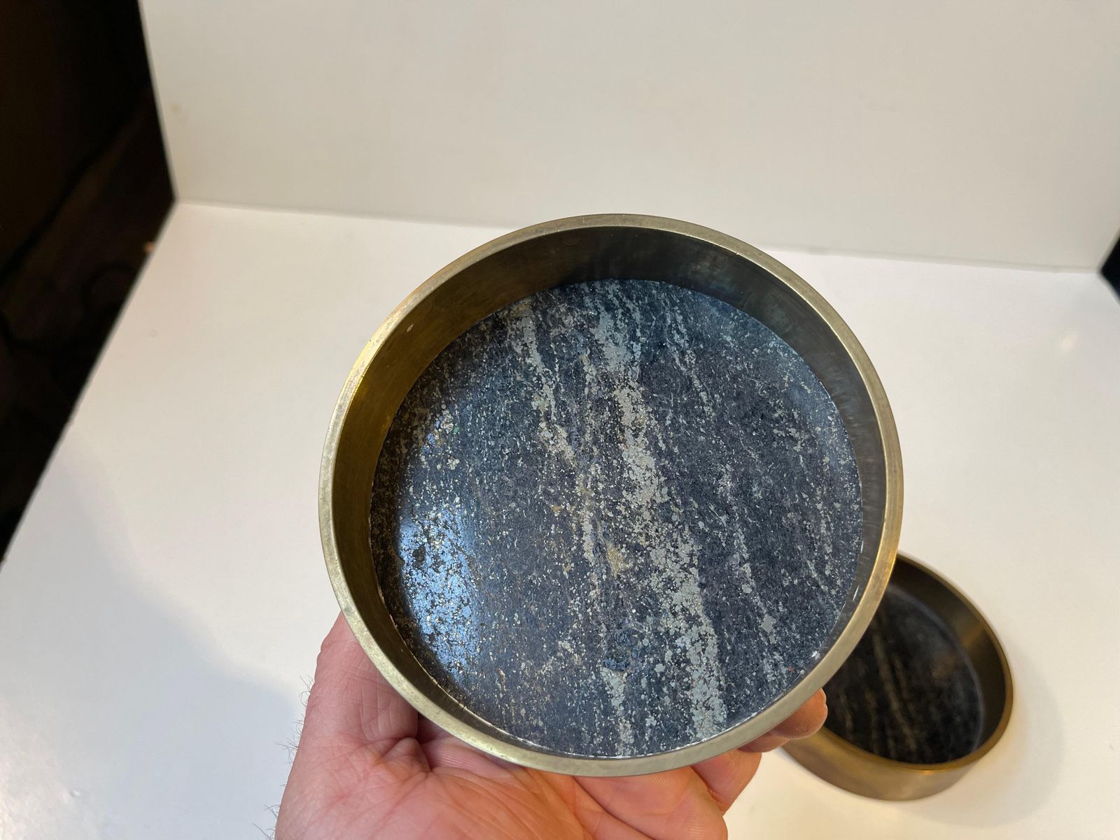 photo for sale Mid Century Natural Stone And Brass Wine & Drink Coasters By Saulo Norway, 1960s