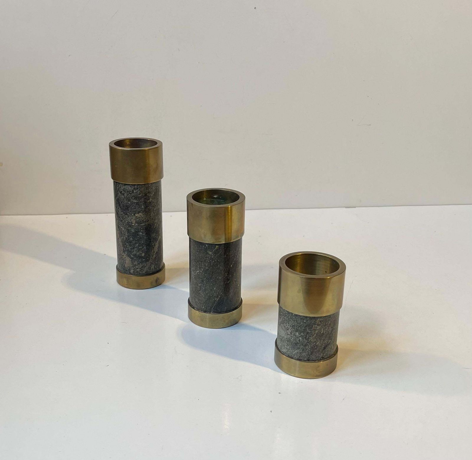Mid Century Natural Stone And Brass Candleholders By Saulo Norway, 1960s photo for sale