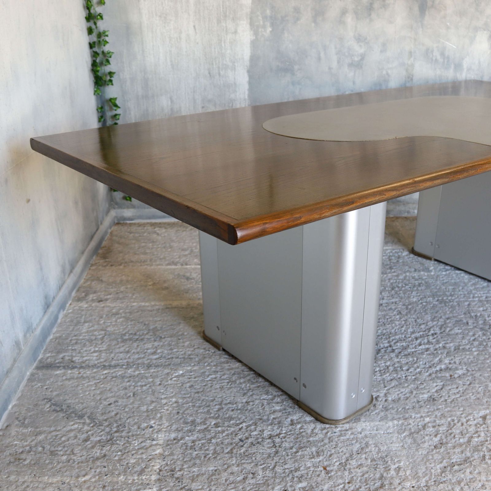Large Industrial Desk   Aged Oak Top, Grey Leather & Aviation Style Pedestals C.1970s 80s photo vintage
