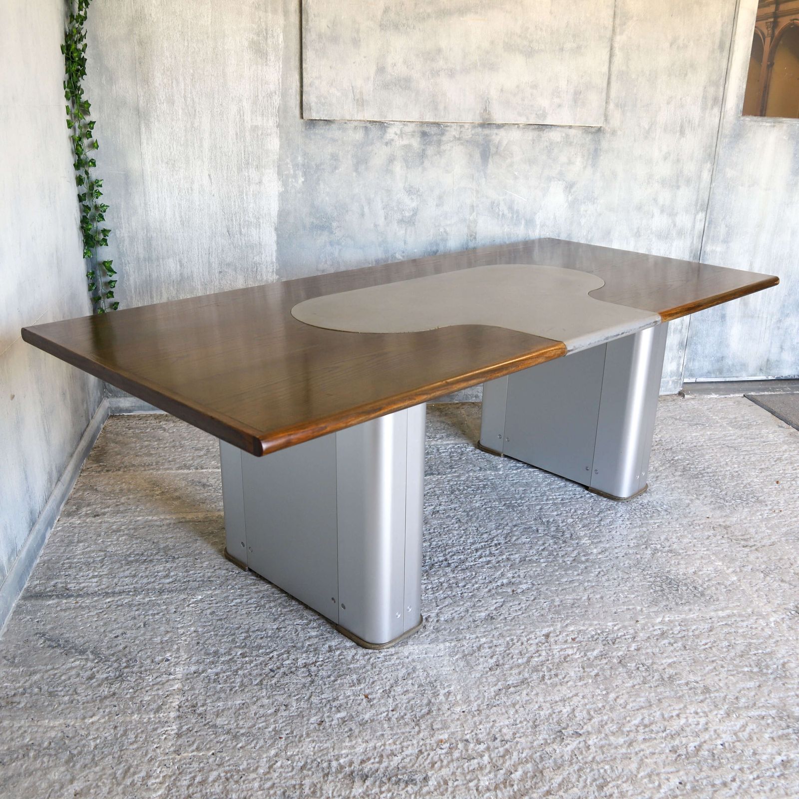 photo furniture Large Industrial Desk   Aged Oak Top, Grey Leather & Aviation Style Pedestals C.1970s 80s