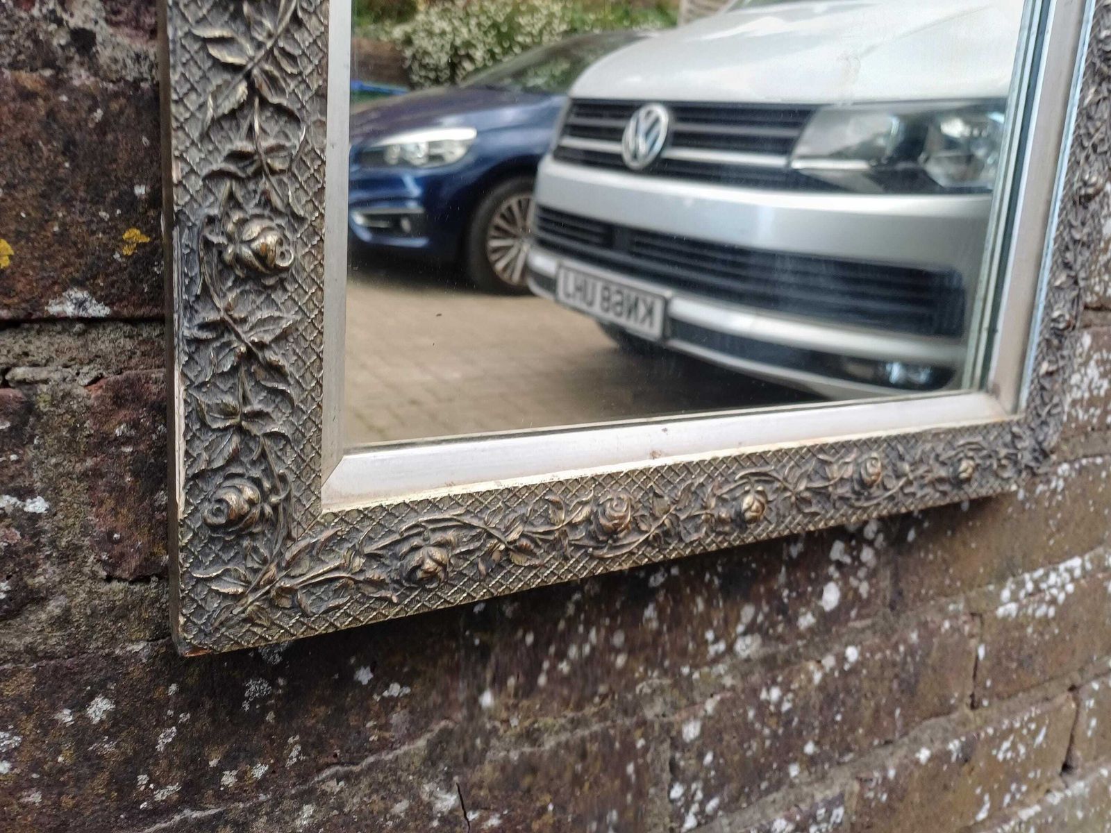 Early 20th Century Floral Gesso Wall Mirror, Antique Victorian Style, Ornate Wooden Frame, Original Glass, Silver Inner Trim photo for sale