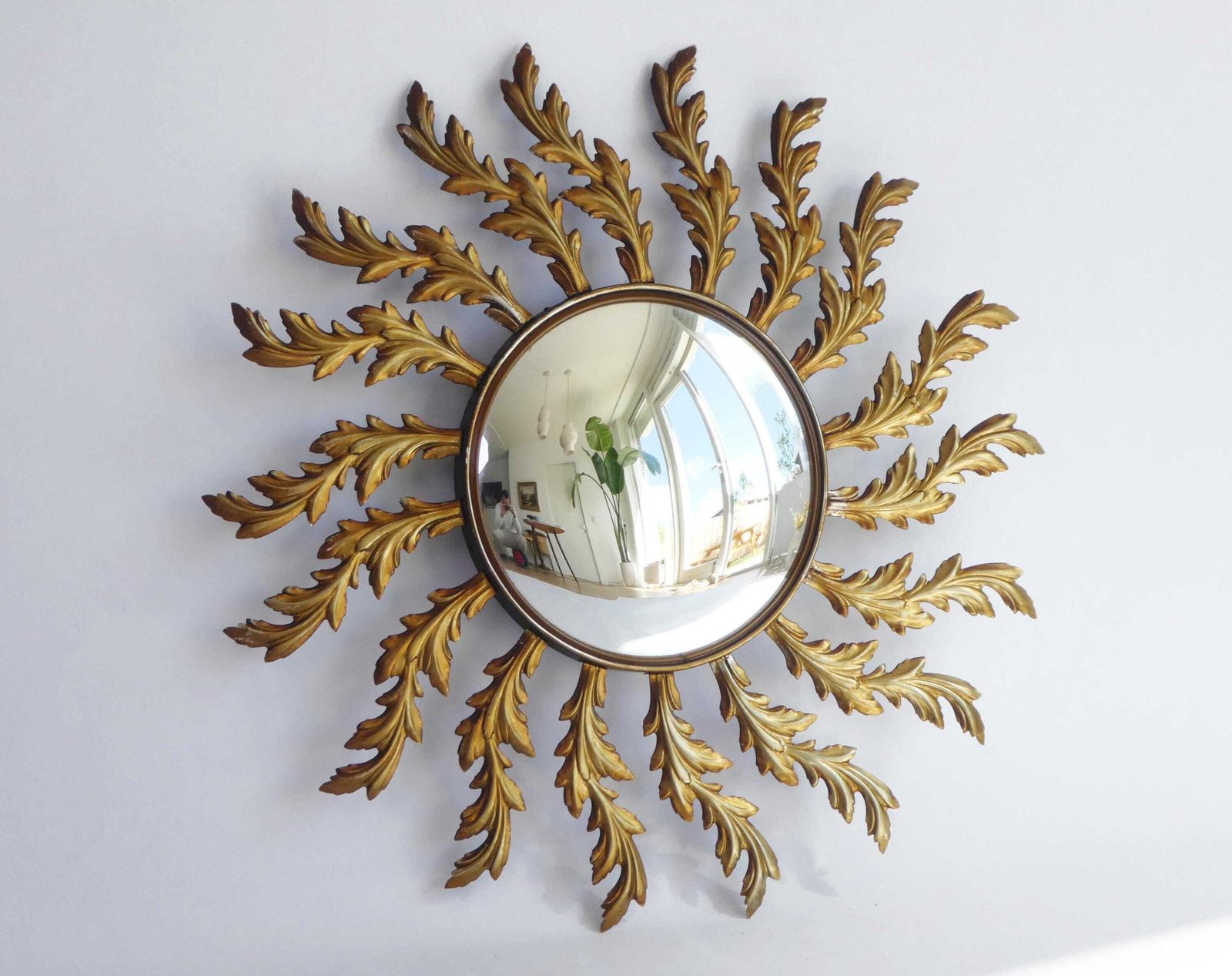 Mid Century Metal Sunburst Convex Mirror, Hollywood Regency Wall Mirror