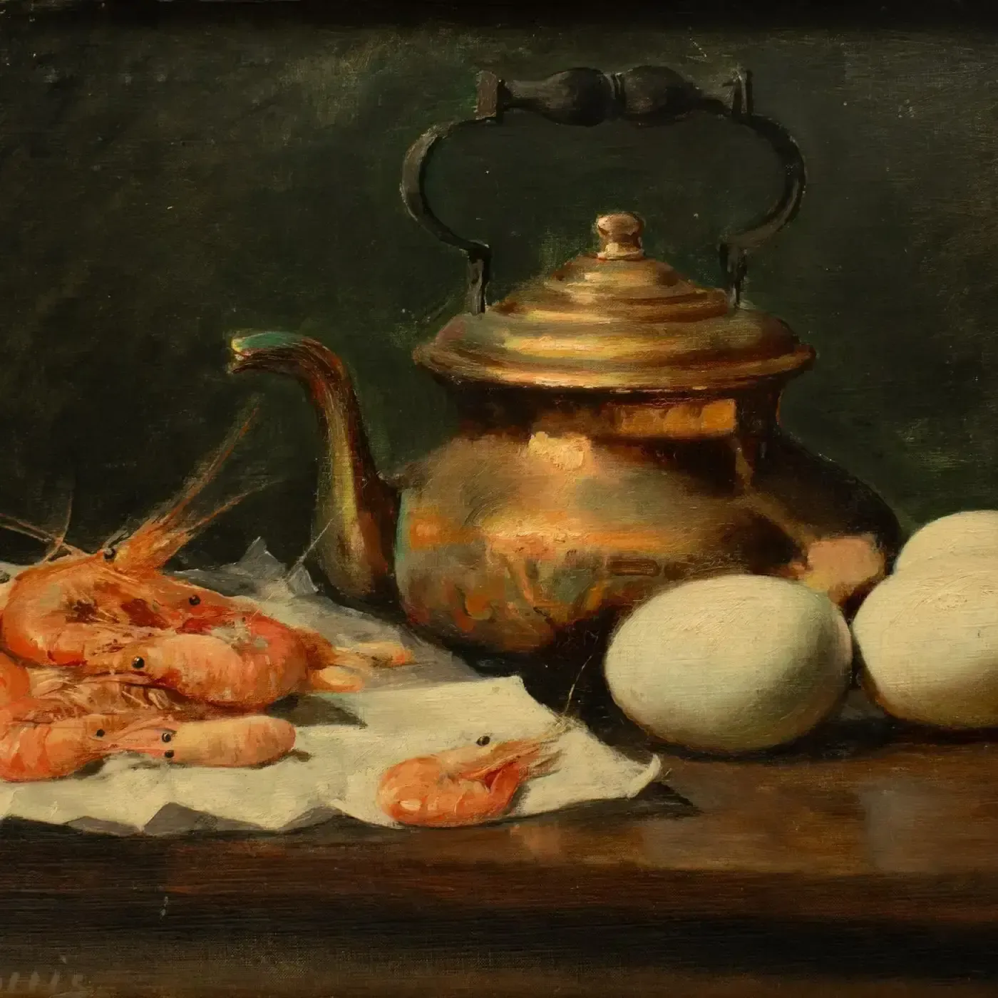 « Composition with Shrimps & Eggs » - L. Dupuis, huile sur panneau, XIXe siècle photo for sale