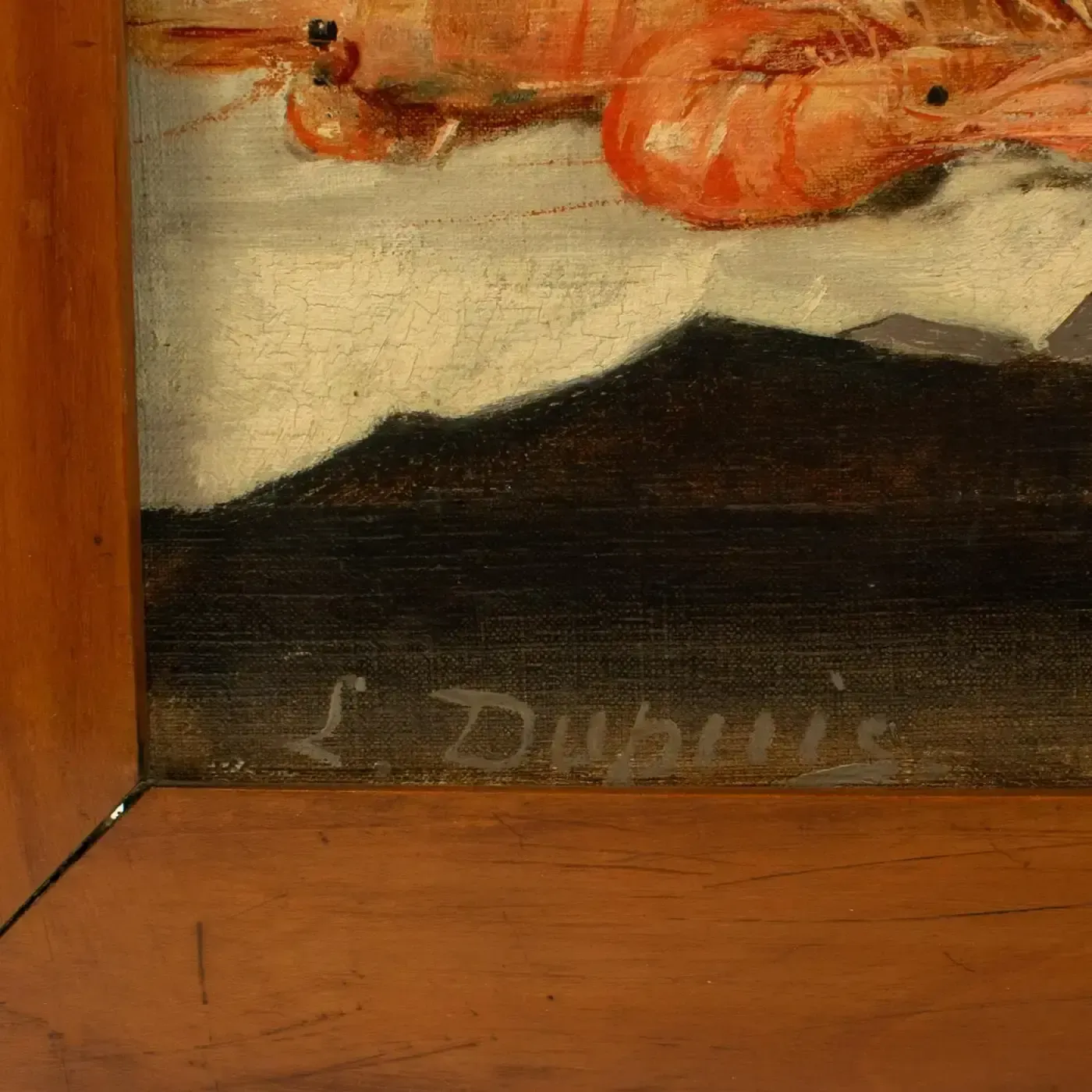 « Composition with Shrimps & Eggs » - L. Dupuis, huile sur panneau, XIXe siècle photo vintage