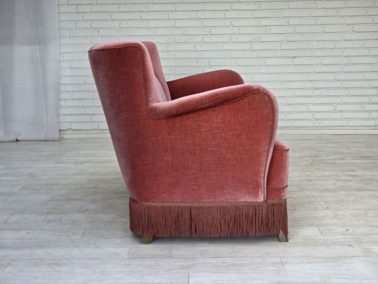 1970s, Danish 2 Seater Sofa, Salmon Pink Furniture Velour, Oak Wood. photo buy