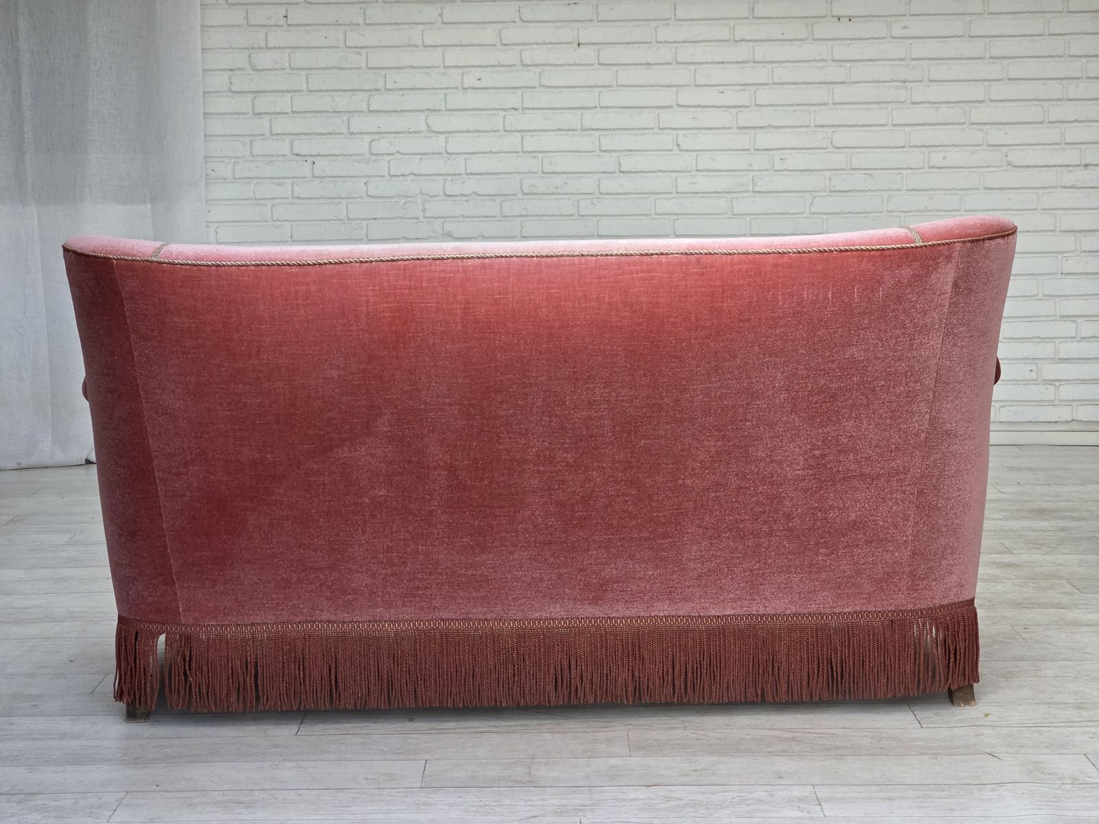 Furniture 1970s, Danish 2 Seater Sofa, Salmon Pink Furniture Velour, Oak Wood. photo