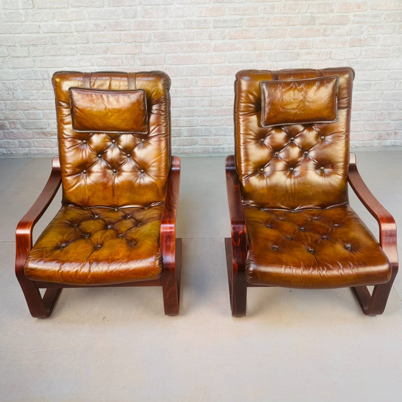 Pair Of Vintage Scandinavian Tan Leather Bentwood Armchairs photo Furniture