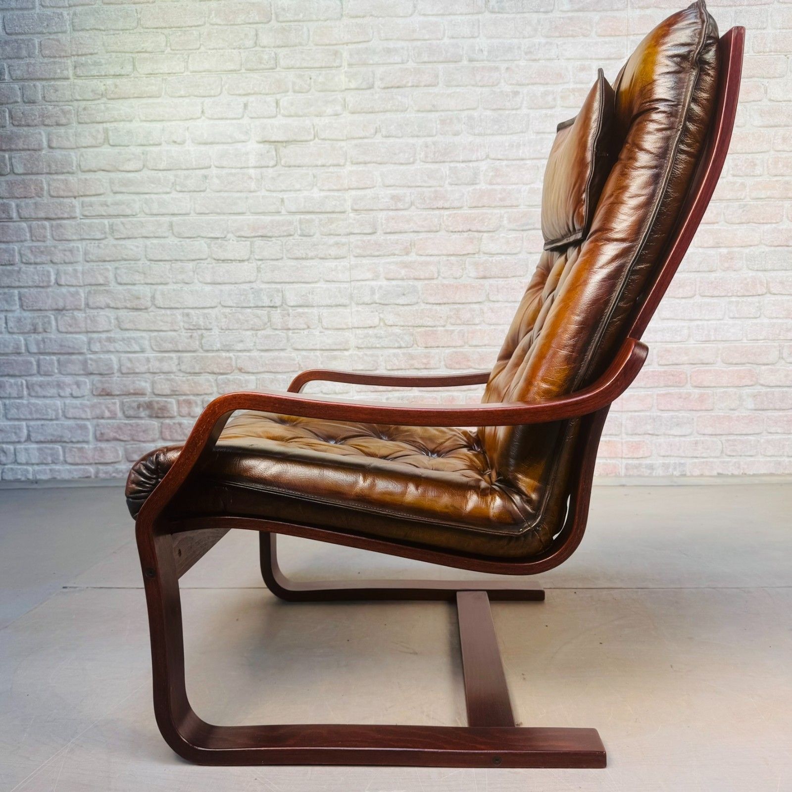 photo for sale Pair Of Vintage Scandinavian Tan Leather Bentwood Armchairs