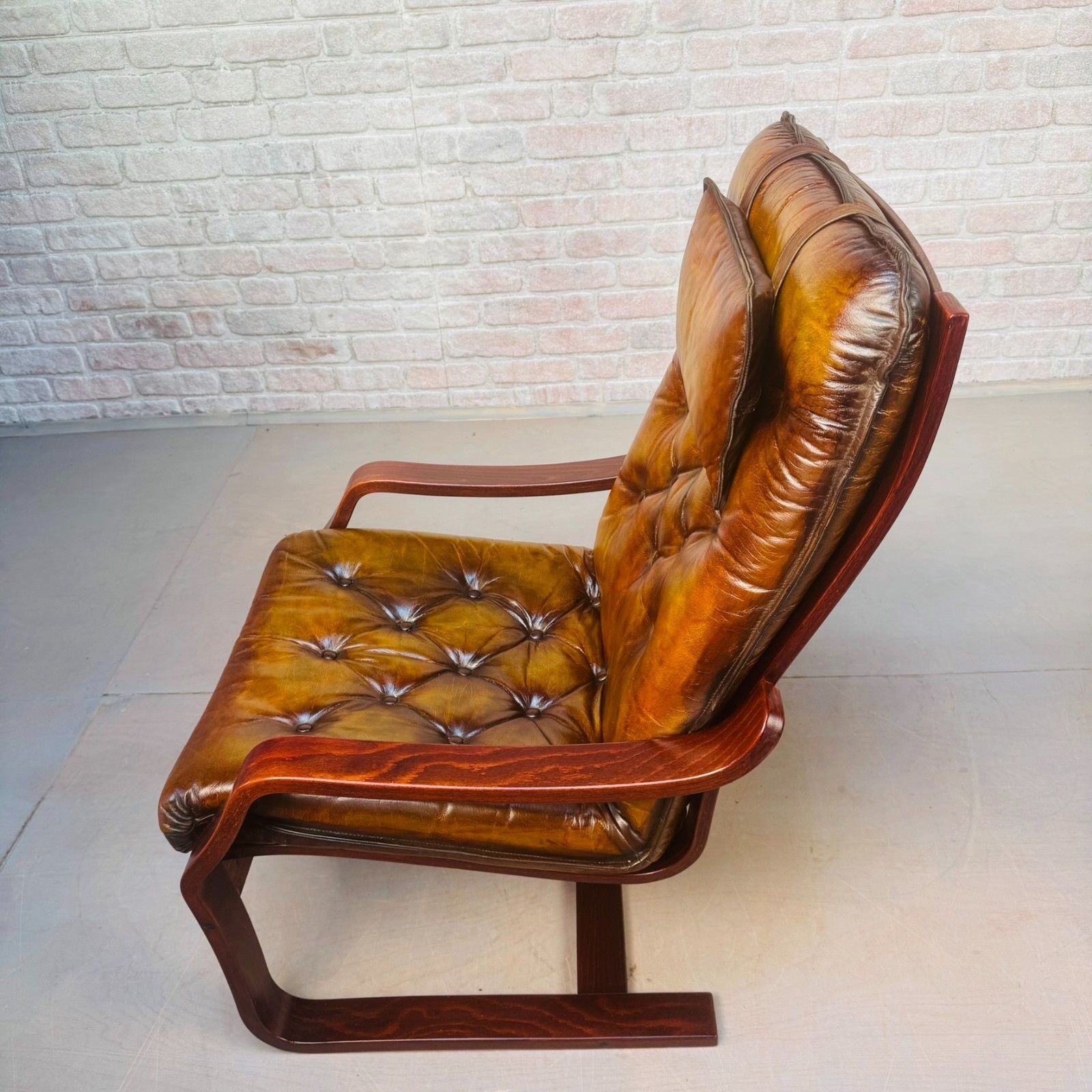 Furniture Pair Of Vintage Scandinavian Tan Leather Bentwood Armchairs photo