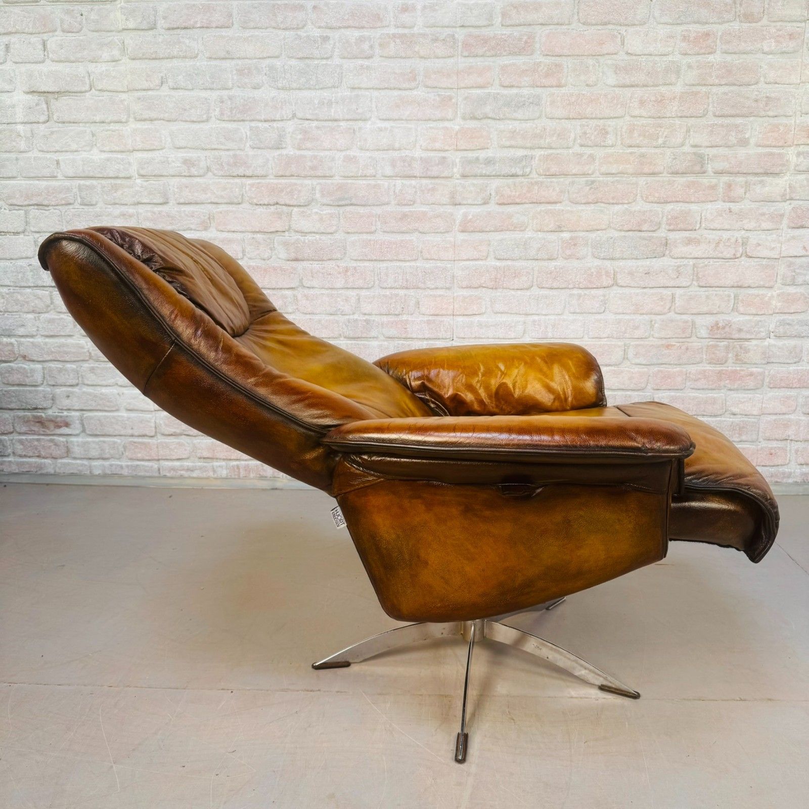 Vintage Danish Hort Knudsen Tan Leather Swivel Reclining Chair photo vintage