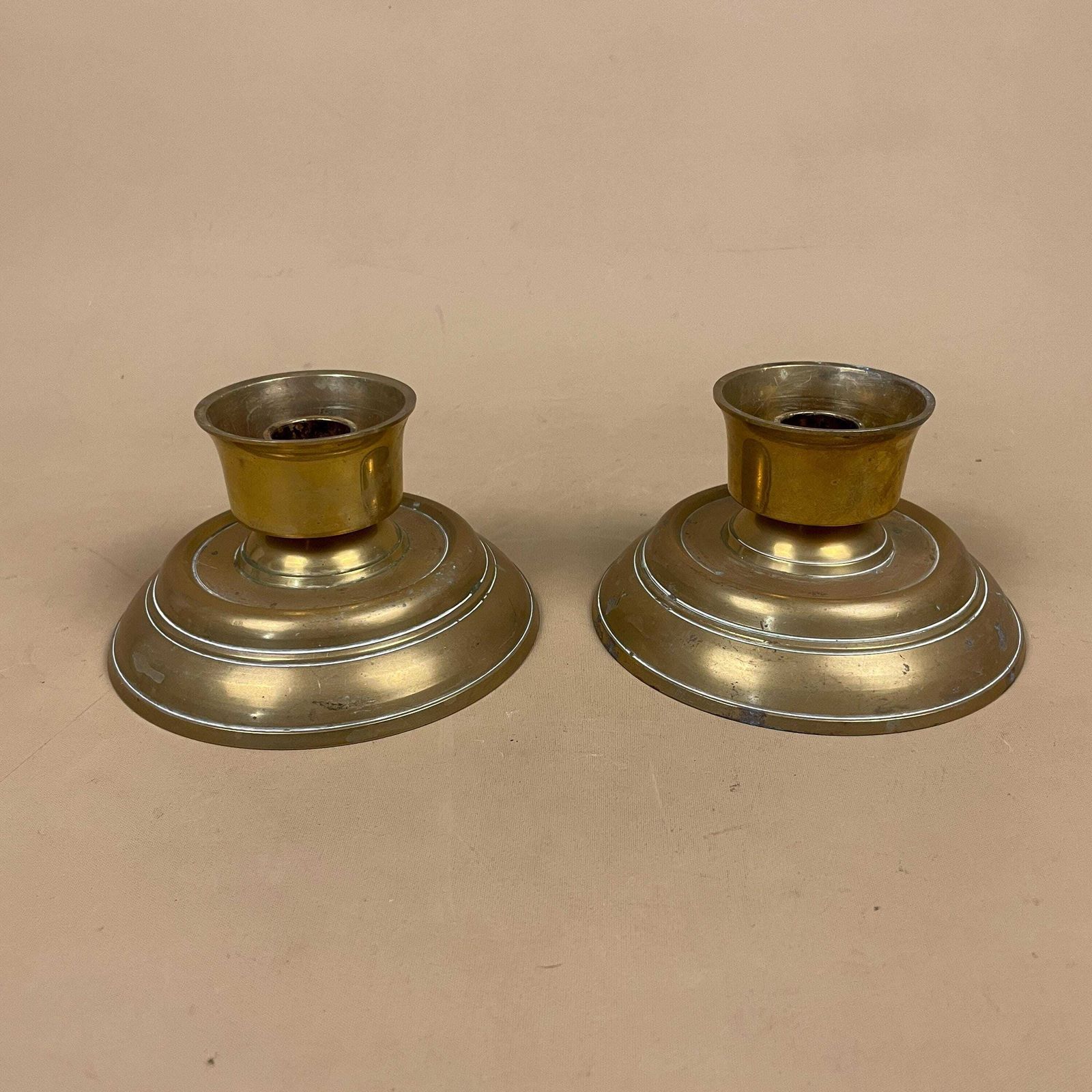 Antique Matching Pair Of Gold Brass Metal Candlestick Candle Stick Holders Vintage Column Taper Dinner Candlesticks Base Round Holder Low photo for sale