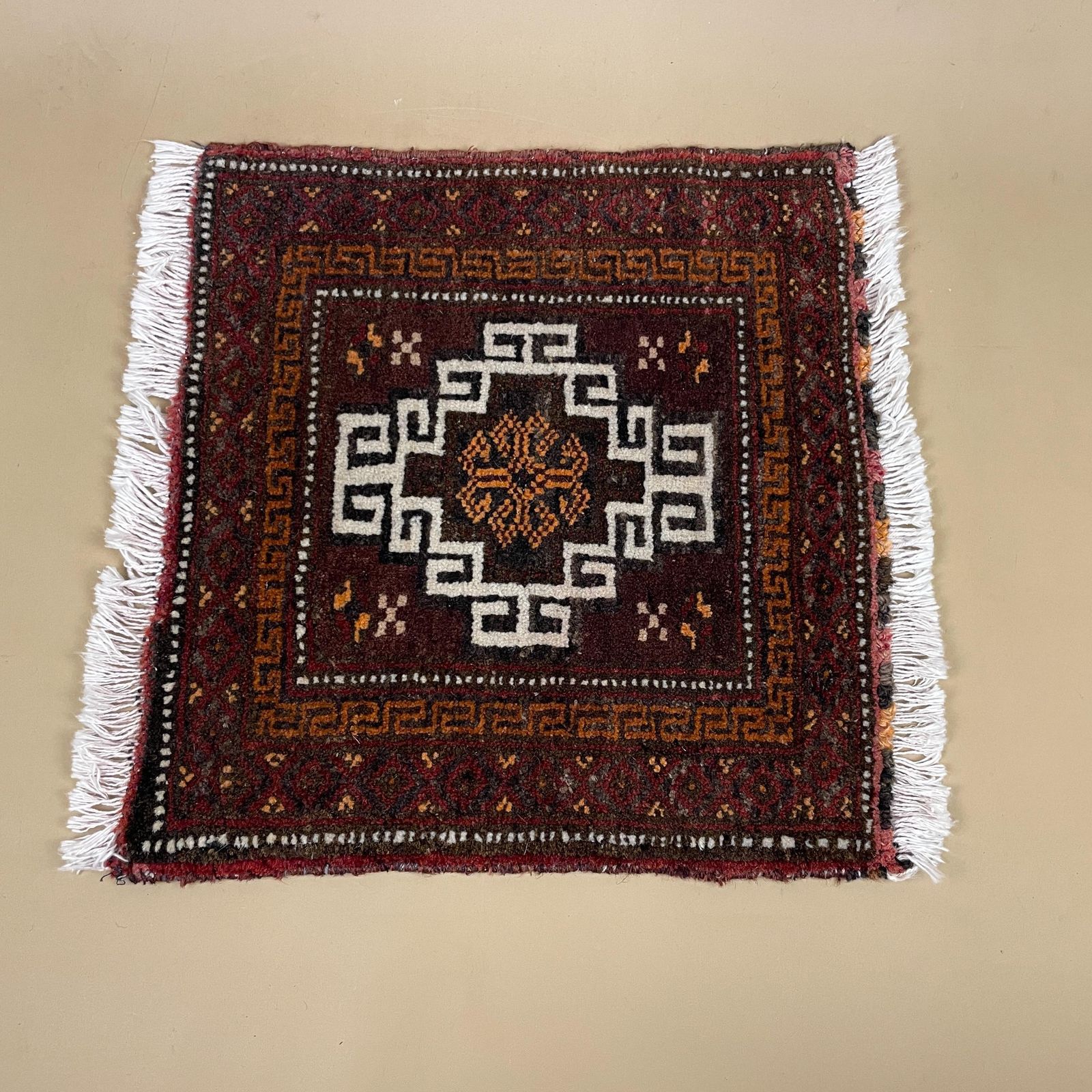 Antique Woven Rug Carpet Placemat Mat Handmade Rectangle Wool Vintage Textile Patterned Pattern 36x35cm Old Small Tassels Mini Coaster Brown
