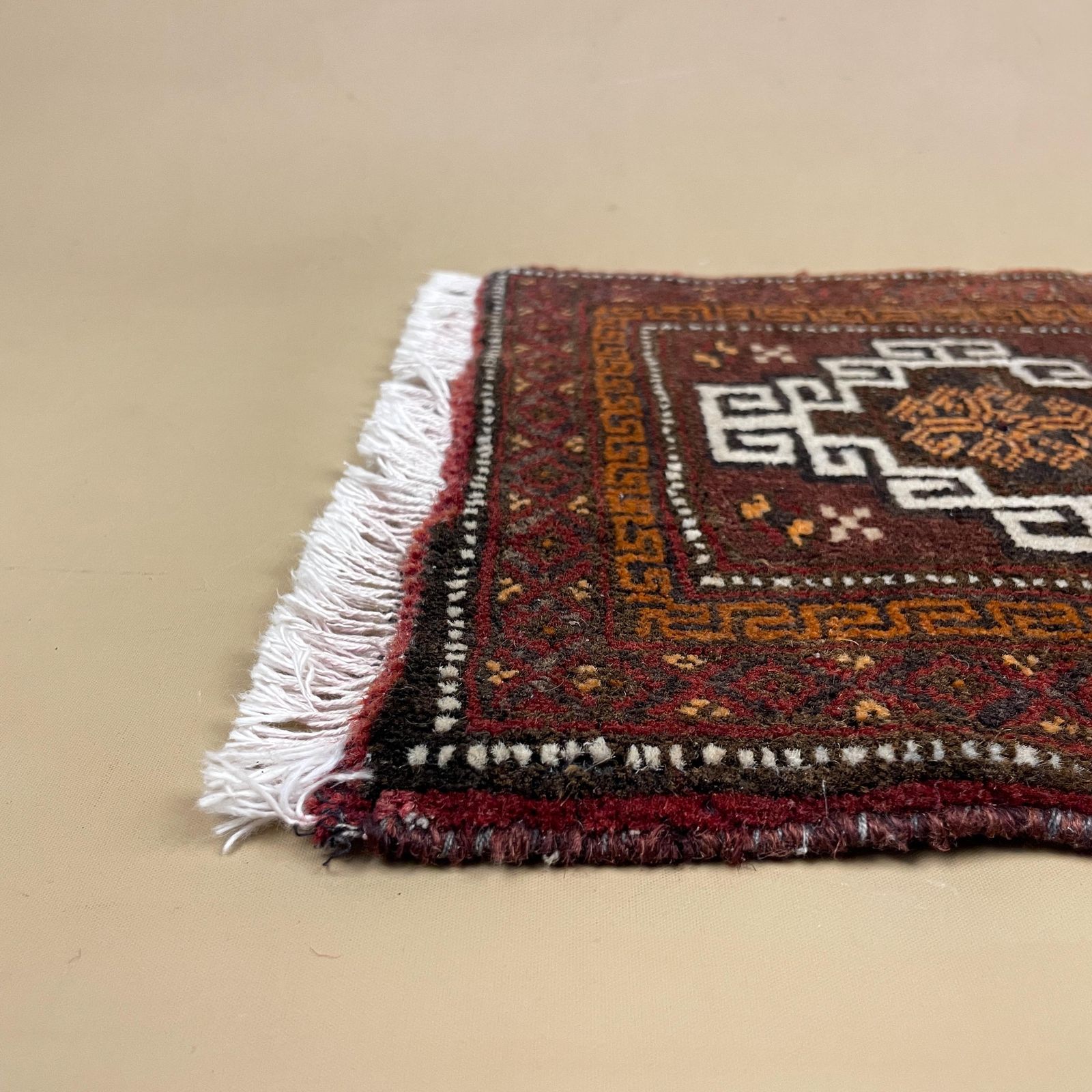 Antique Woven Rug Carpet Placemat Mat Handmade Rectangle Wool Vintage Textile Patterned Pattern 36x35cm Old Small Tassels Mini Coaster Brown photo for sale