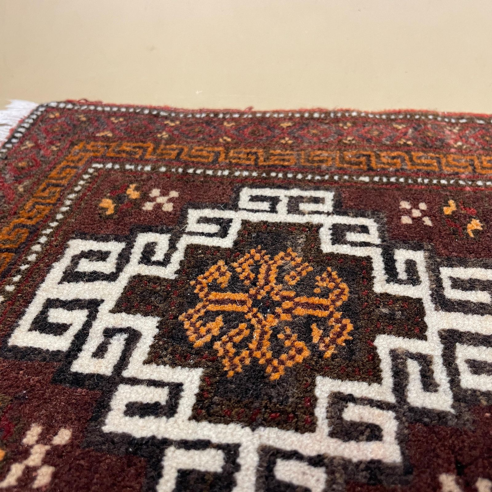 Antique Woven Rug Carpet Placemat Mat Handmade Rectangle Wool Vintage Textile Patterned Pattern 36x35cm Old Small Tassels Mini Coaster Brown photo vintage